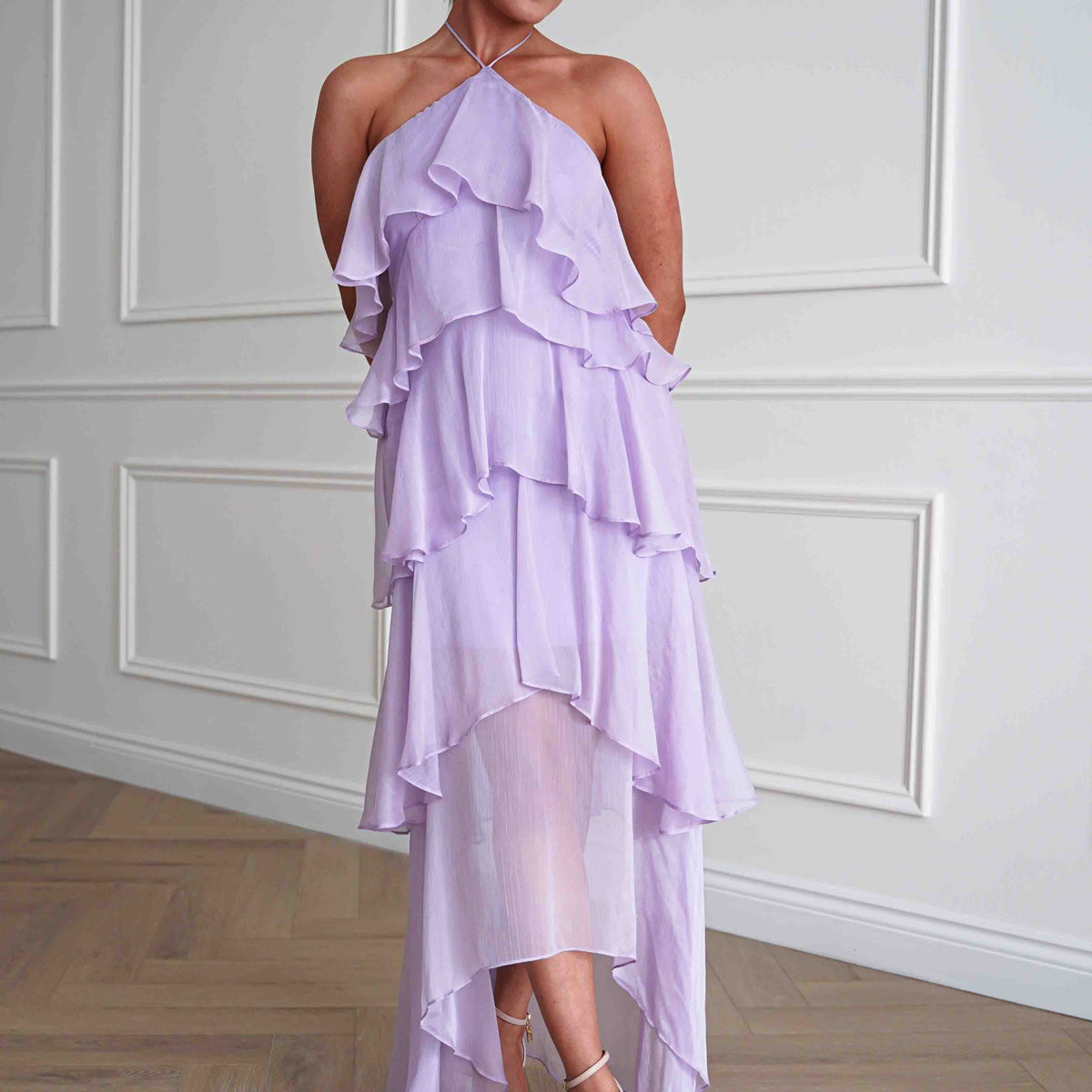 Wedding Guest Ruffle Tiered Halterneck Maxi Dress