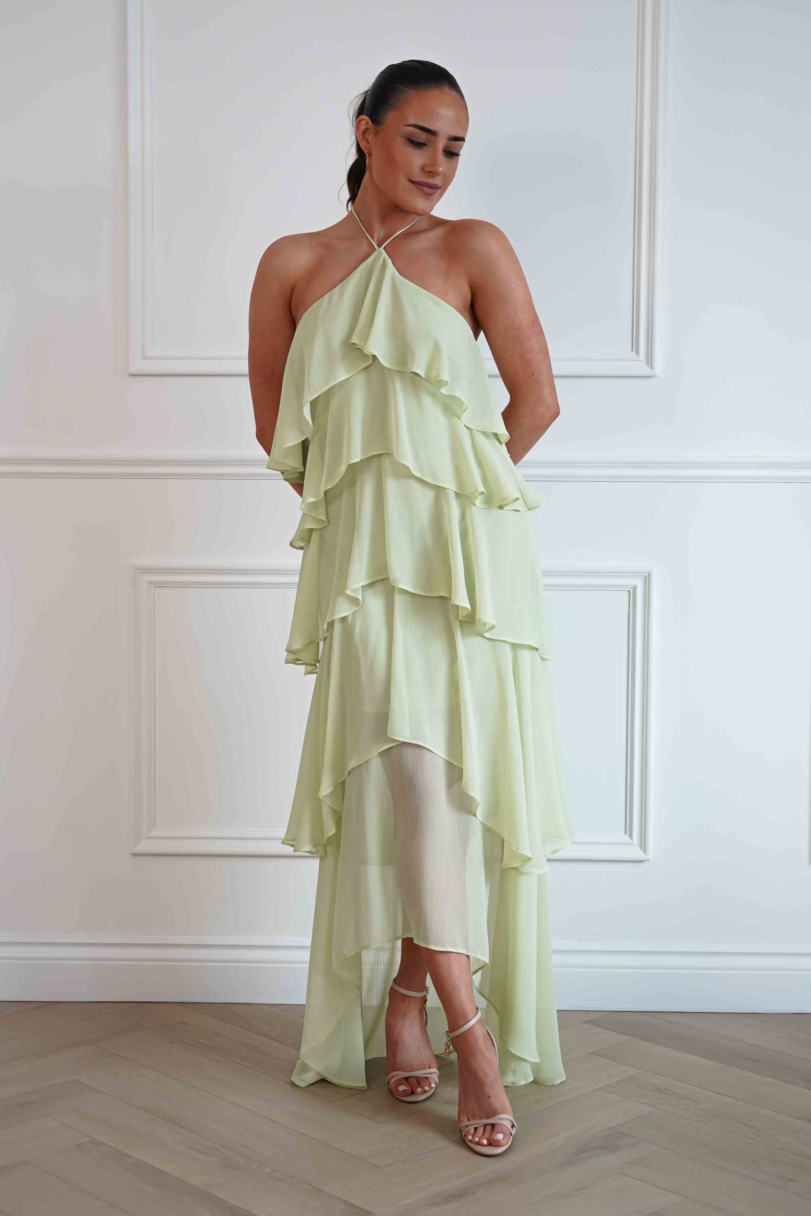 Oh Hello Clothing Women > Clothing > Dresses Tala Ruffle Tiered Halterneck Maxi Dress | Sage