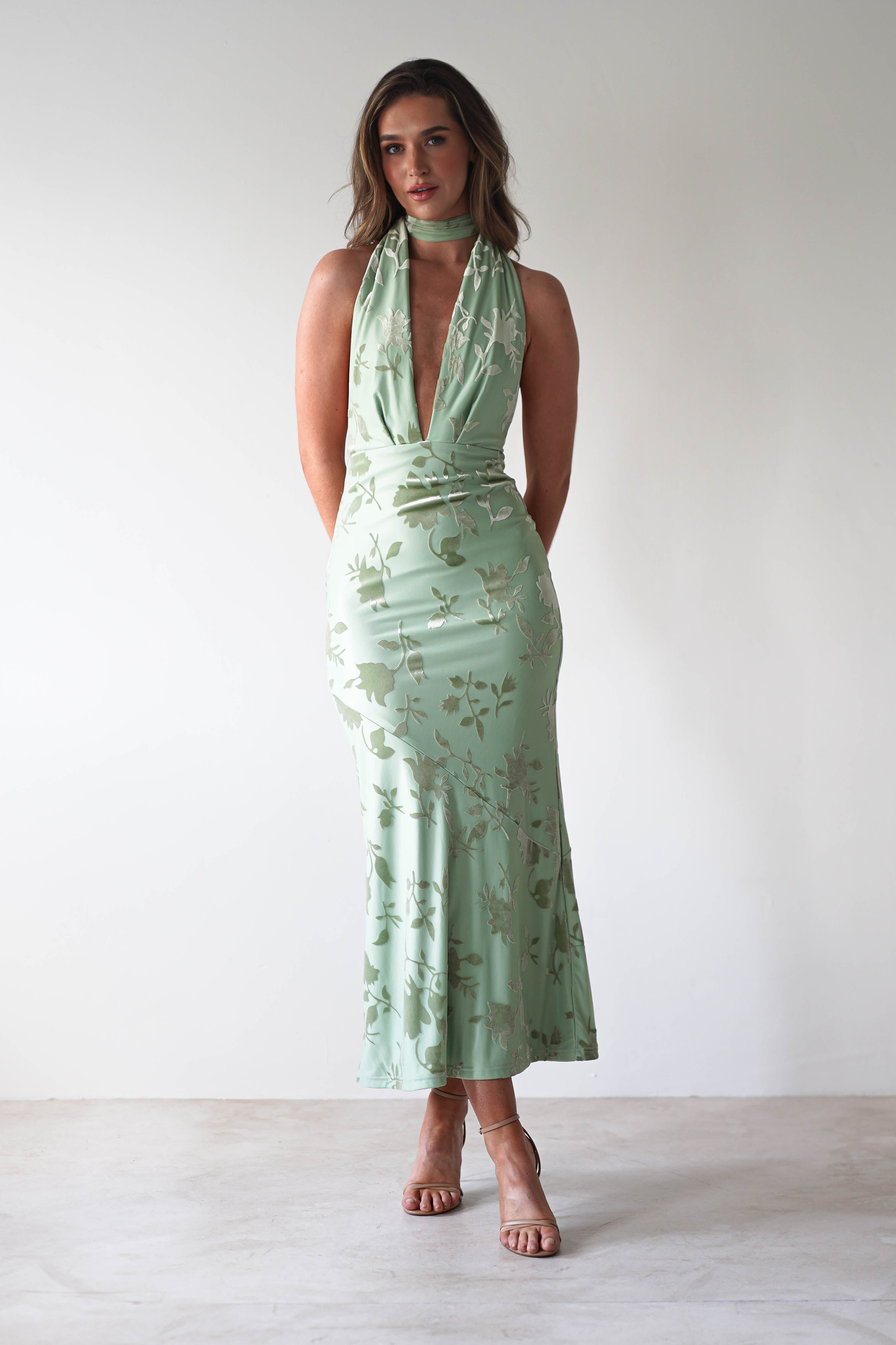 Tara Floral Jacquard Maxi Dress | Light Green | Oh Hello Clothing | XS (6)