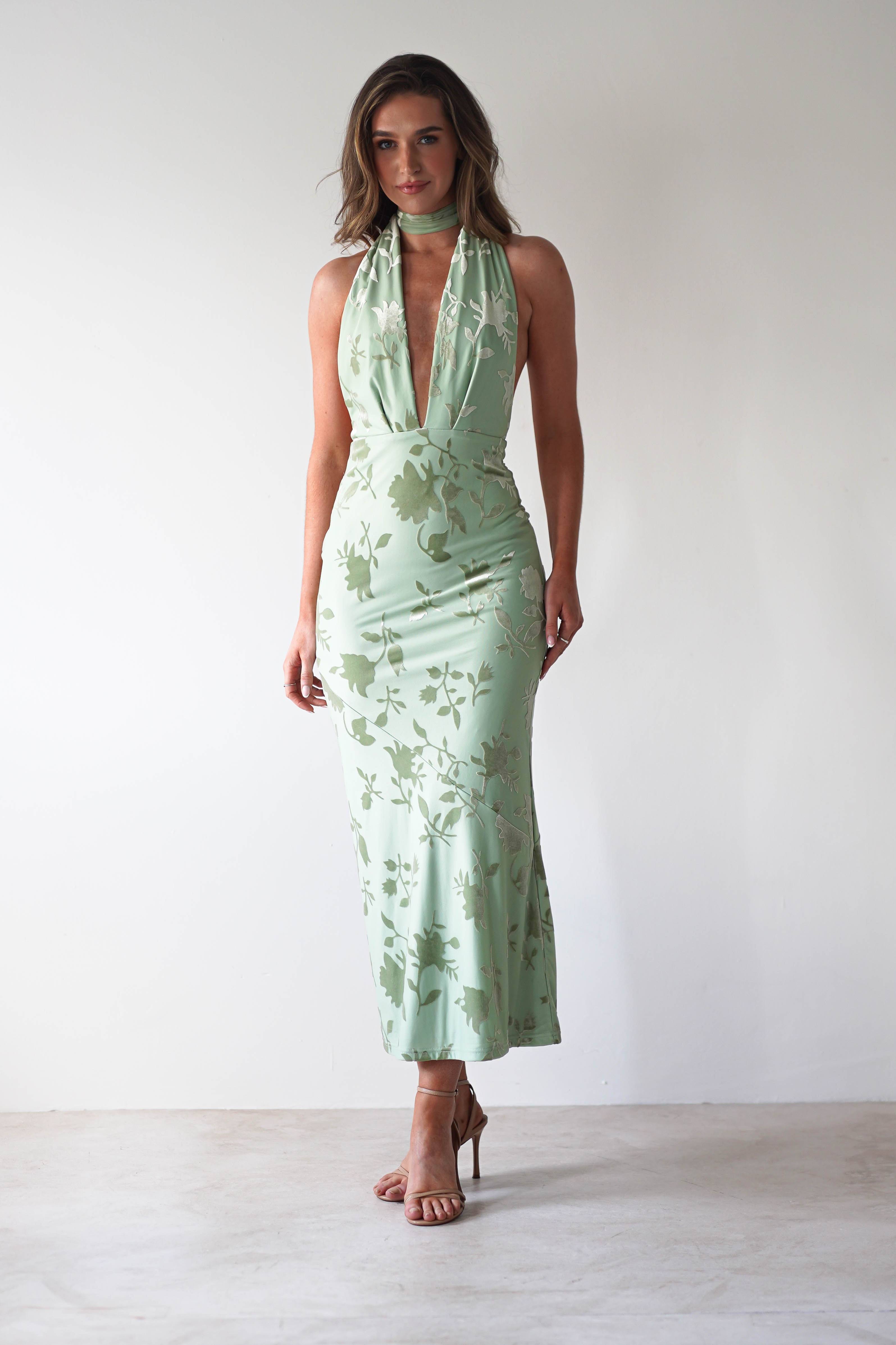 Tara Floral Jacquard Maxi Dress | Light Green | Oh Hello Clothing | XS (6)