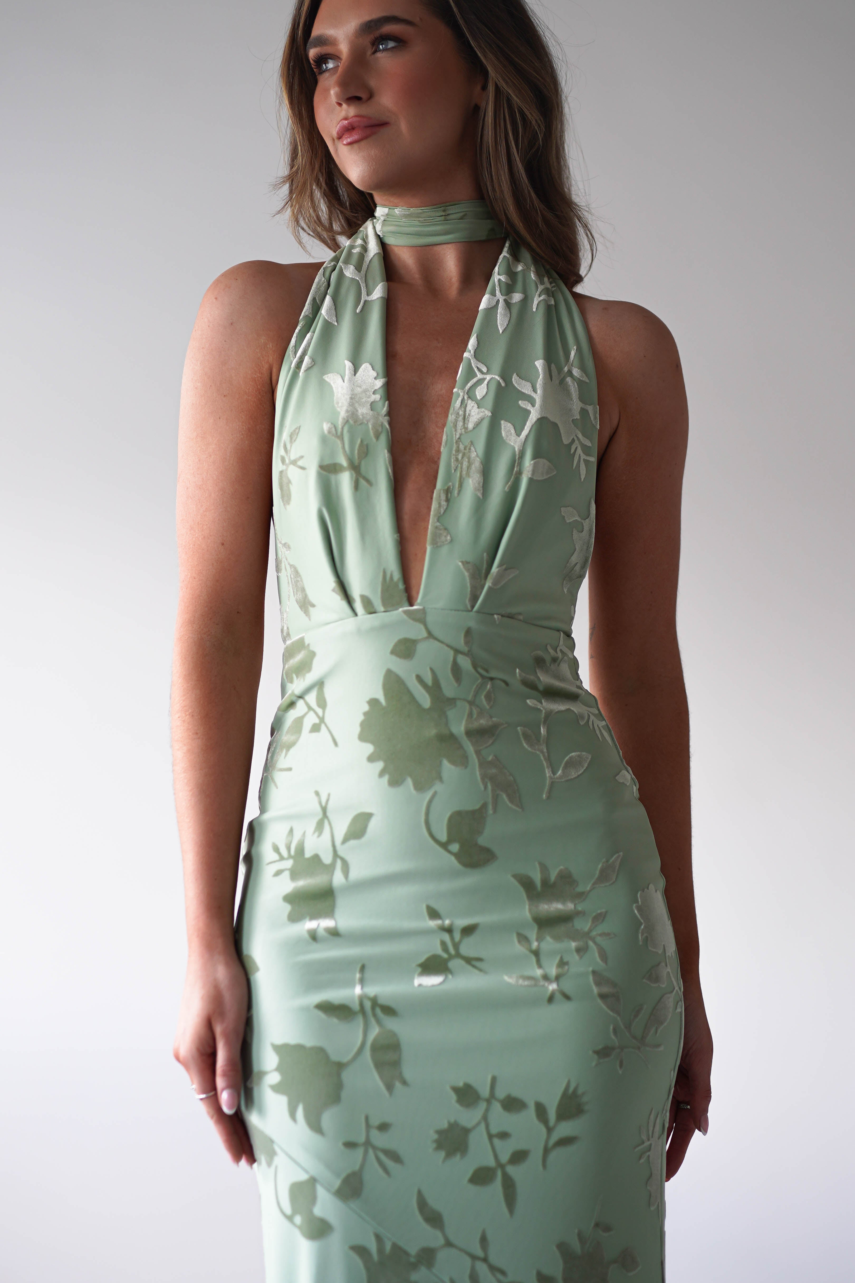 Tara Floral Jacquard Maxi Dress | Light Green - Oh Hello Clothing