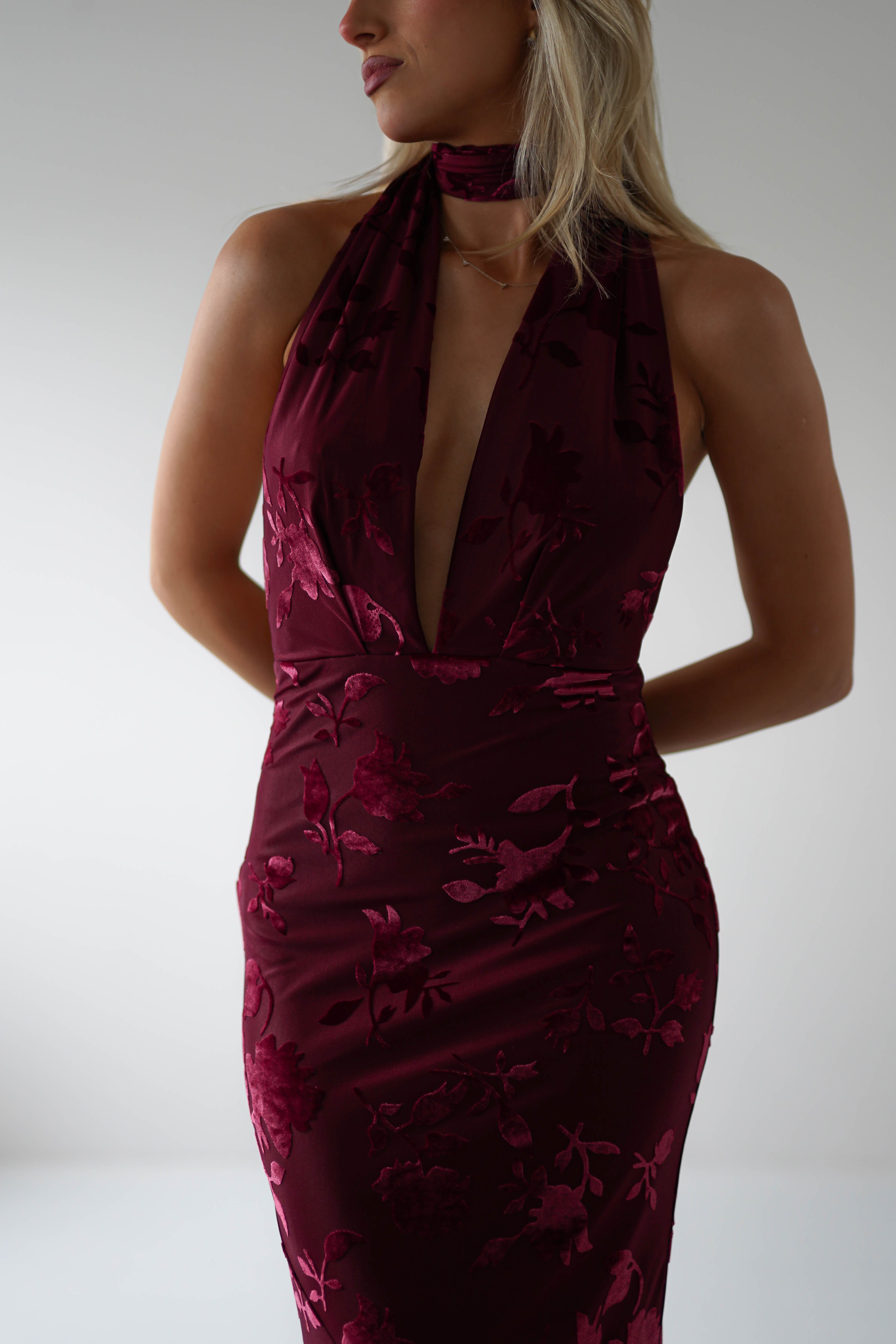 Tara Floral Jacquard Maxi Dress | Wine | Oh Hello Clothing | XS (6)