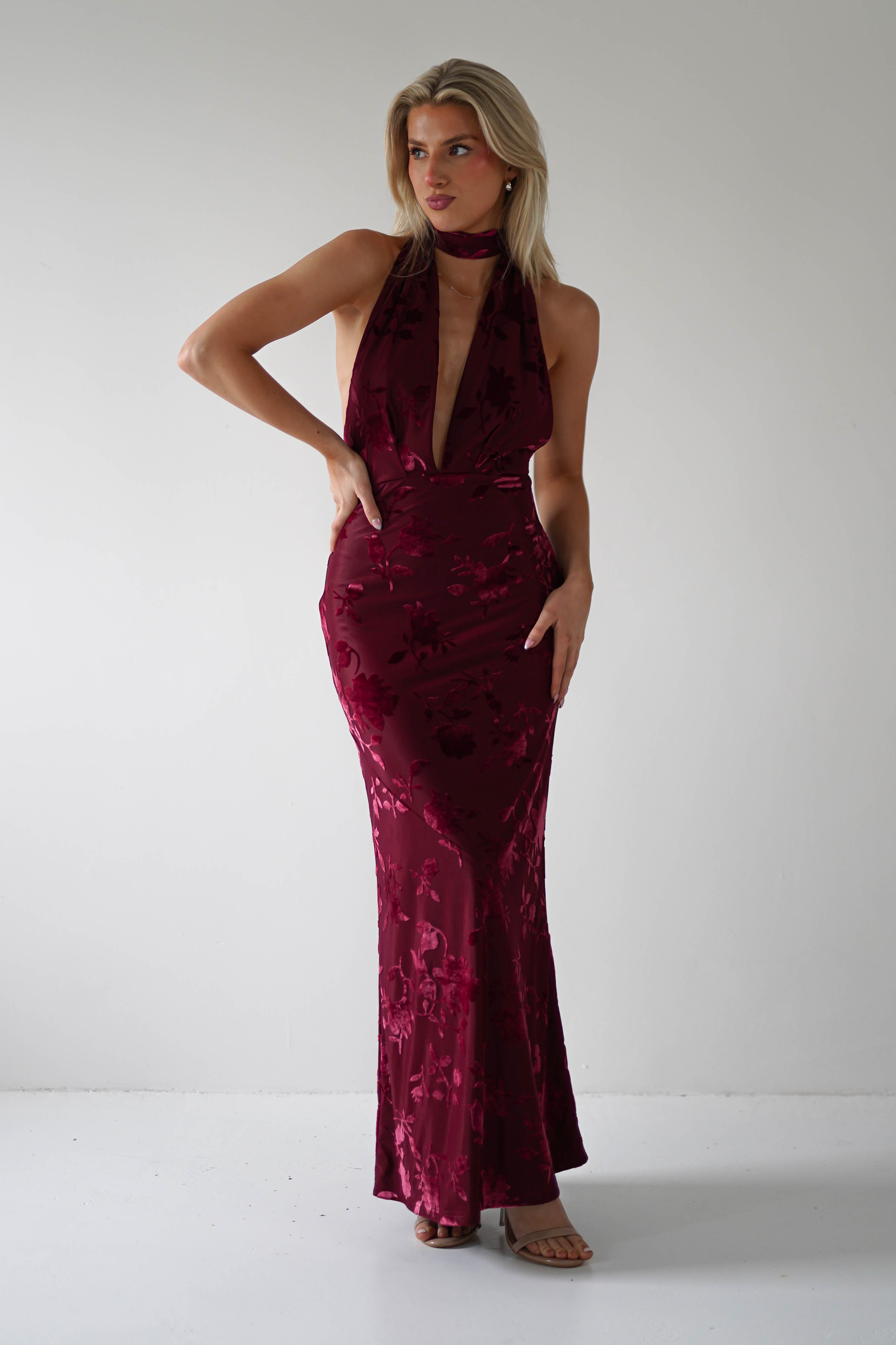 Tara Floral Jacquard Maxi Dress | Wine | Oh Hello Clothing | XS (6)