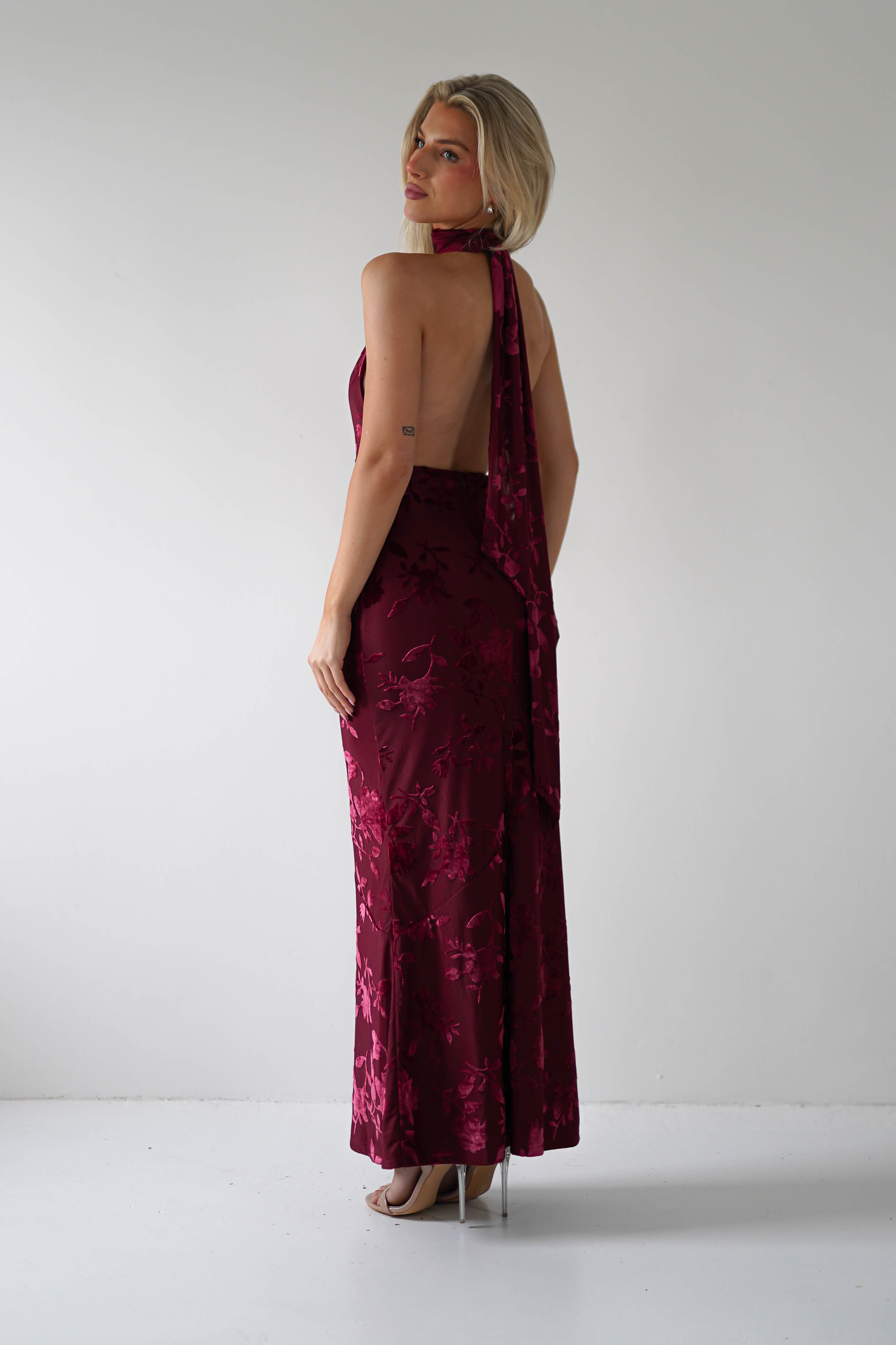 Tara Floral Jacquard Maxi Dress | Wine | Oh Hello Clothing | XS (6)