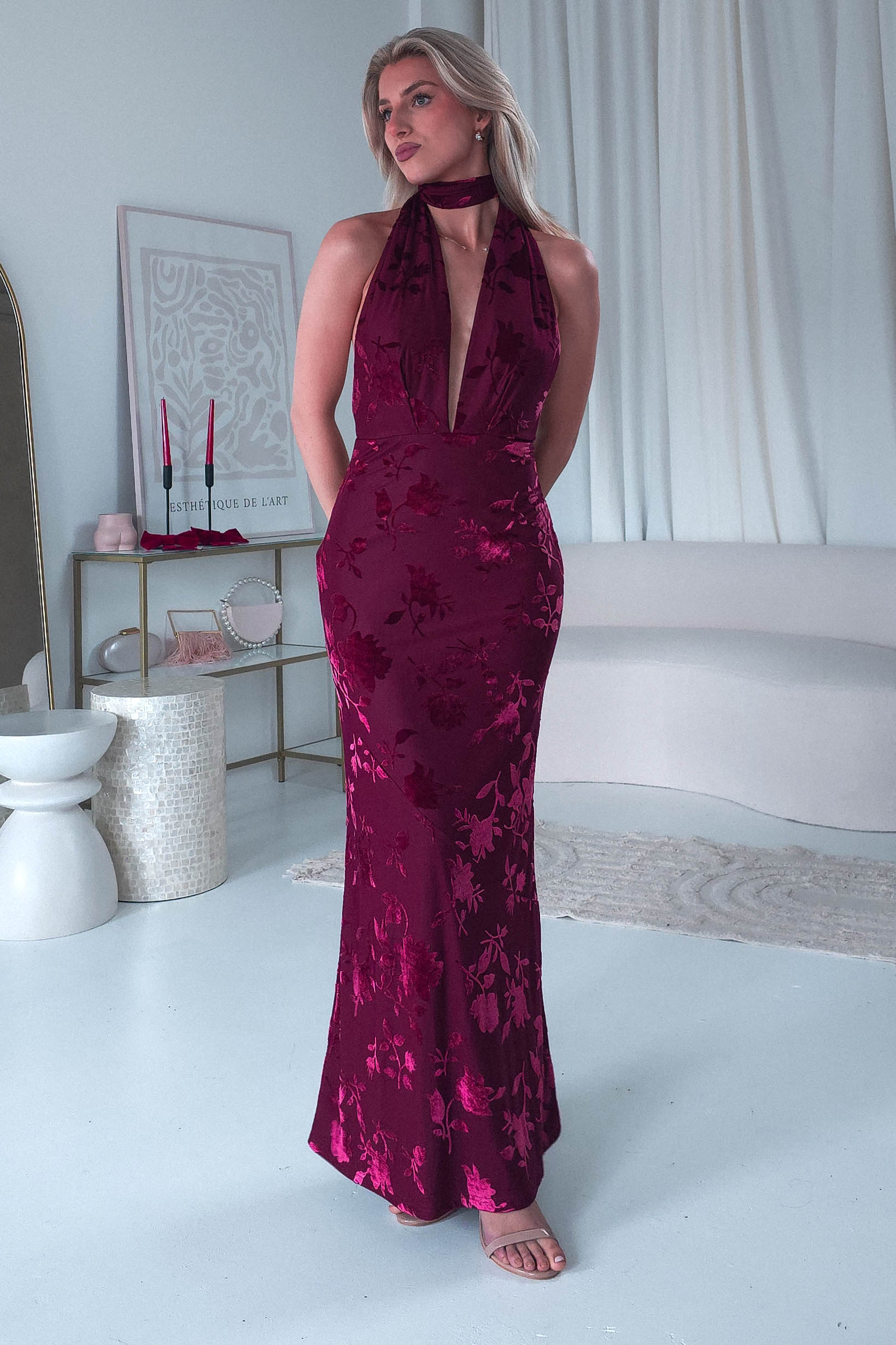 Tara Floral Jacquard Maxi Dress | Wine | Oh Hello Clothing | XS (6)