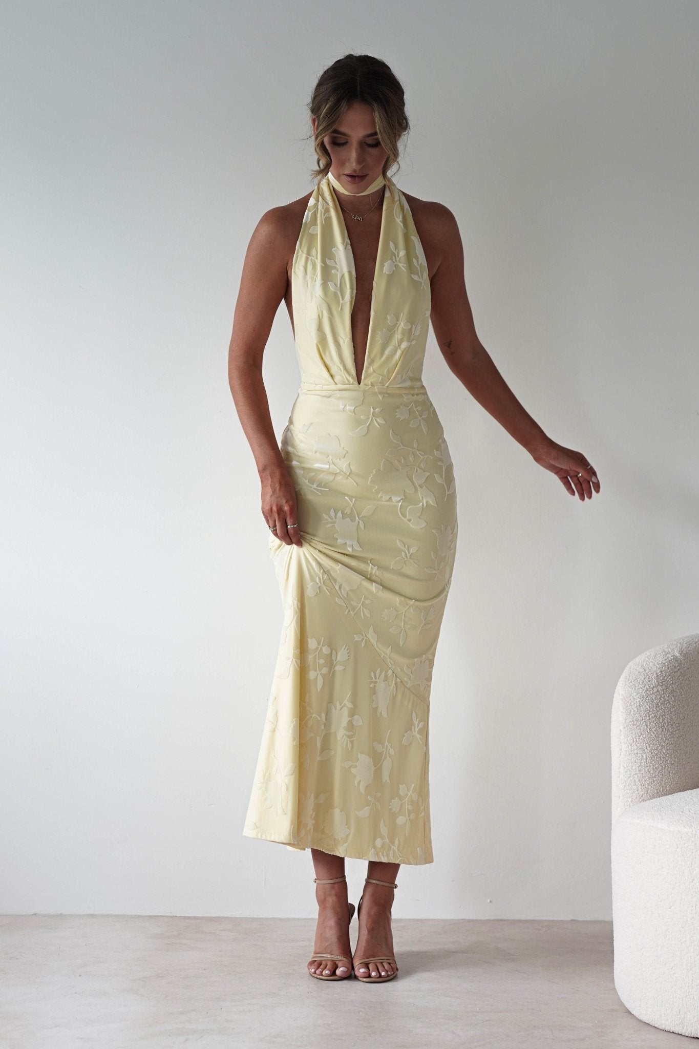 Tara Floral Jacquard Maxi Dress | Yellow | Oh Hello Clothing | XS (6)