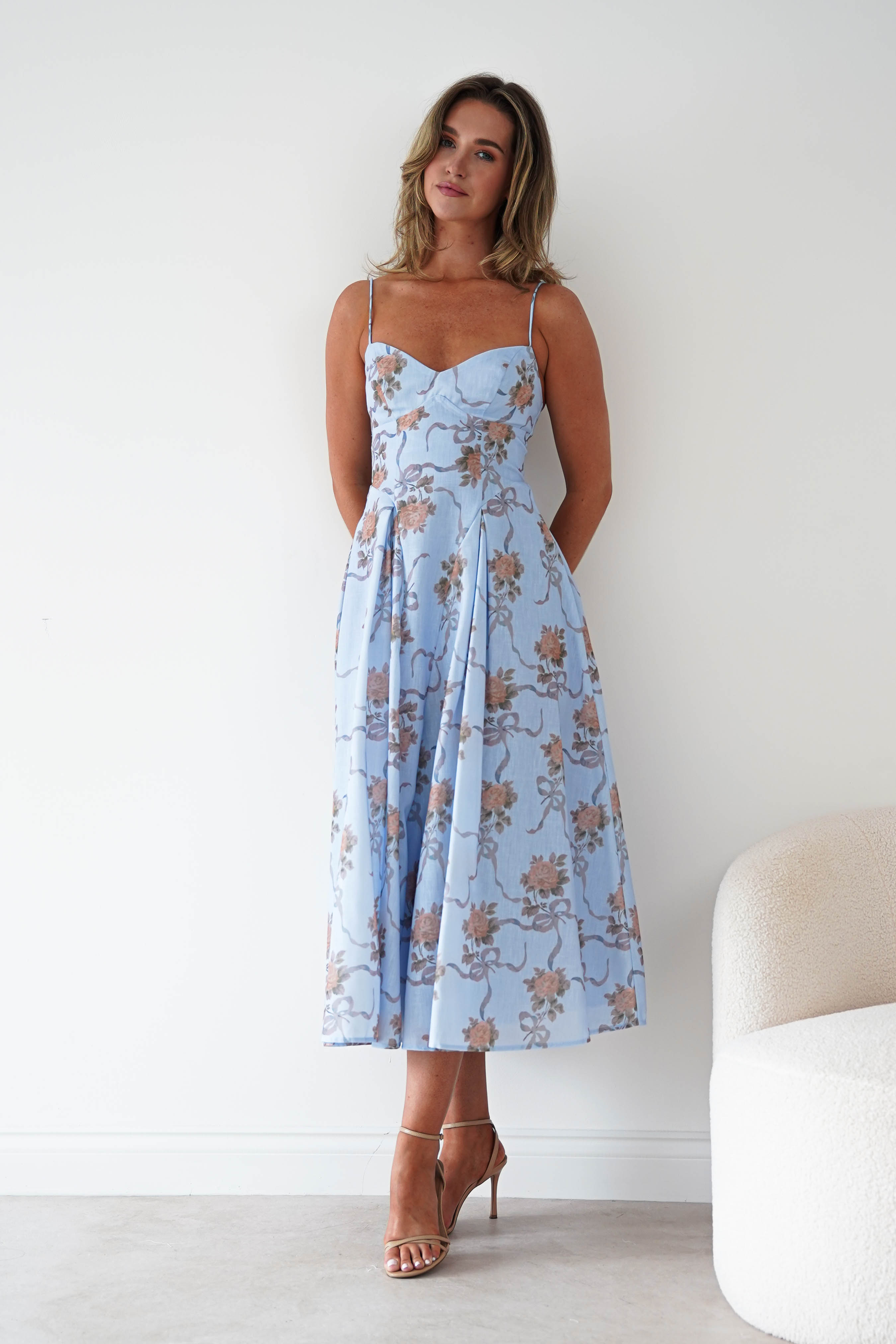 Oh Hello Clothing Women > Clothing > Dresses Tess Floral Print Skater Midaxi Dress | Blue