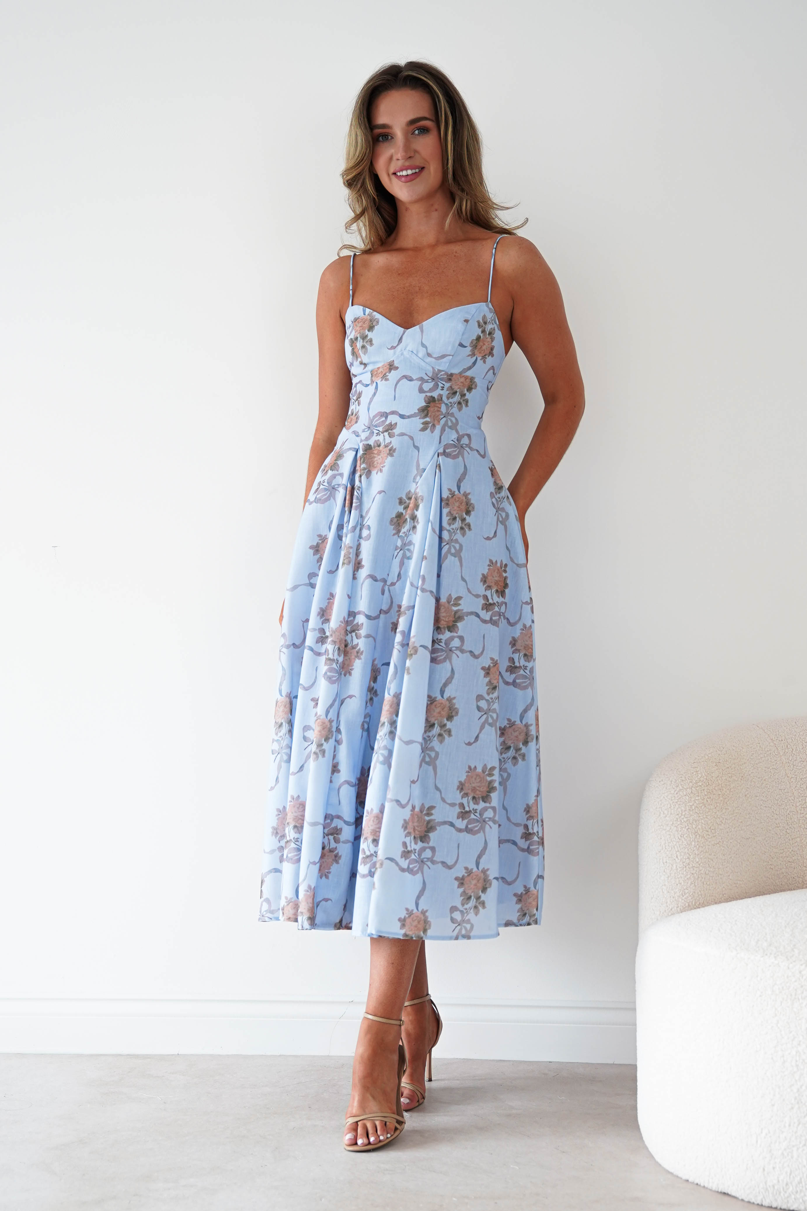 Oh Hello Clothing Women > Clothing > Dresses Tess Floral Print Skater Midaxi Dress | Blue