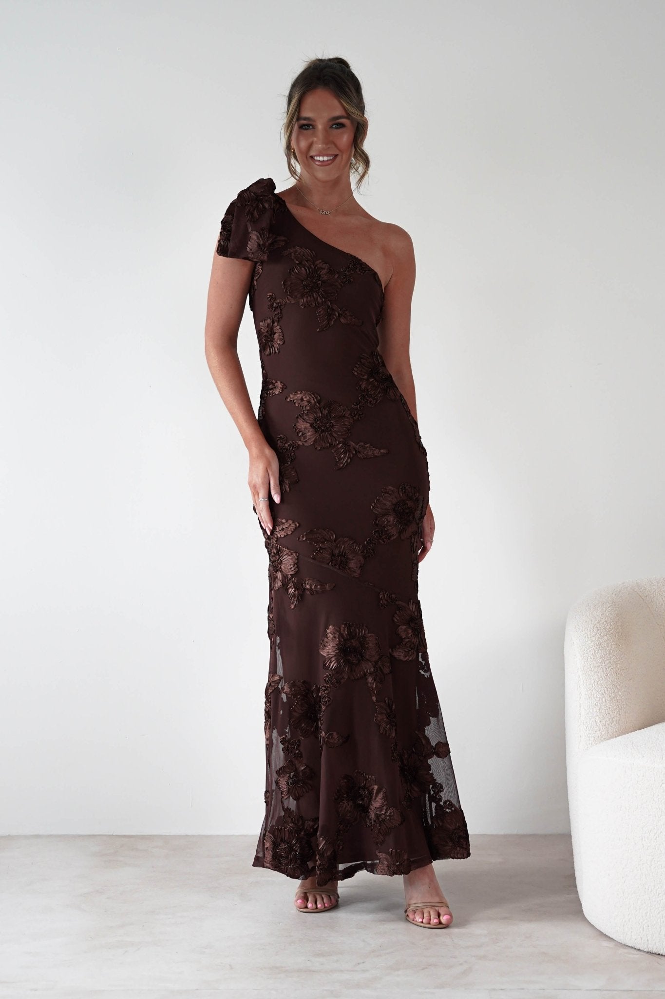 Thelma Floral Textured Maxi Dress | Brown | Oh Hello Clothing | XS (6)