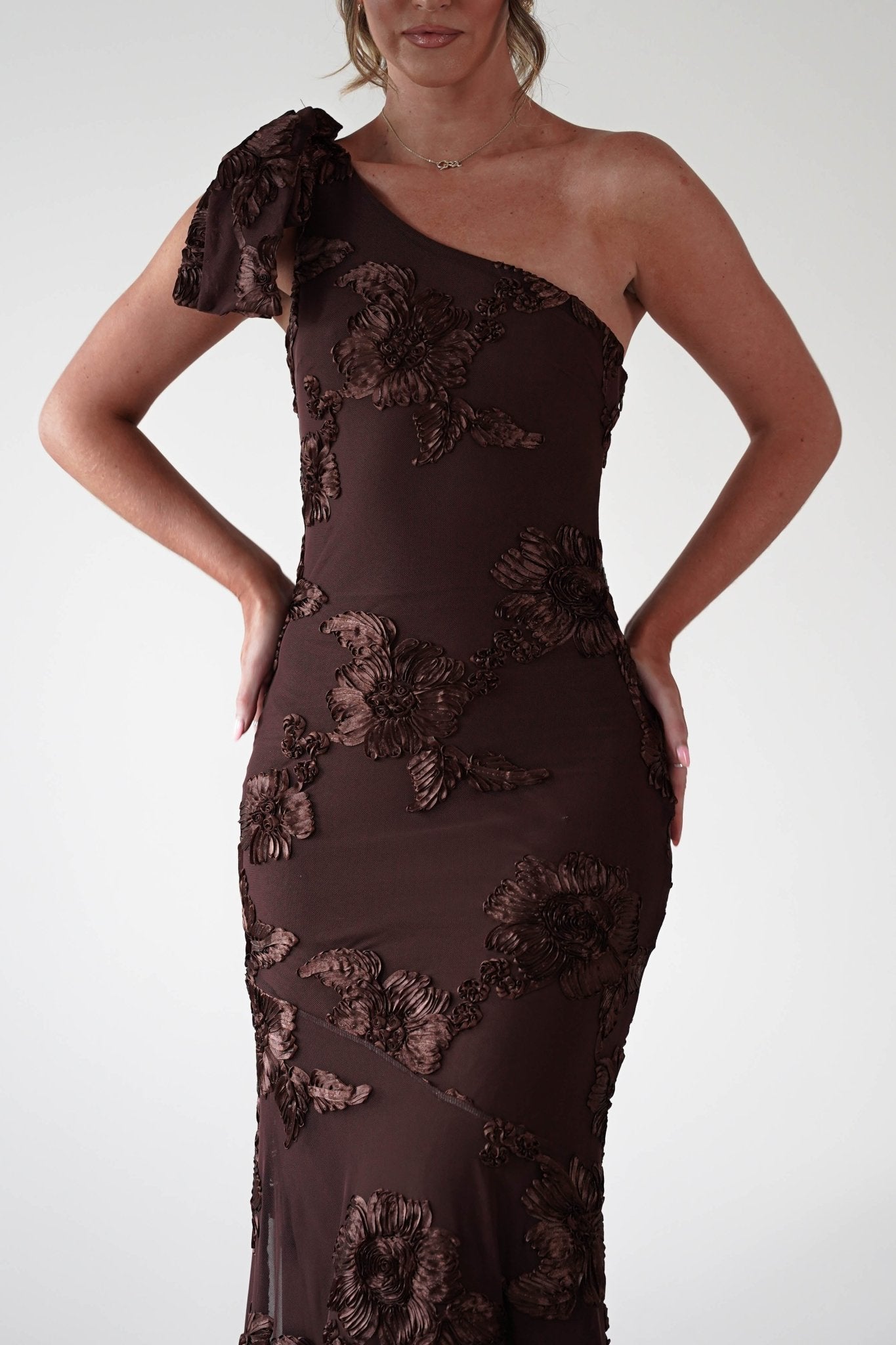 Thelma Floral Textured Maxi Dress | Brown | Oh Hello Clothing | XS (6)