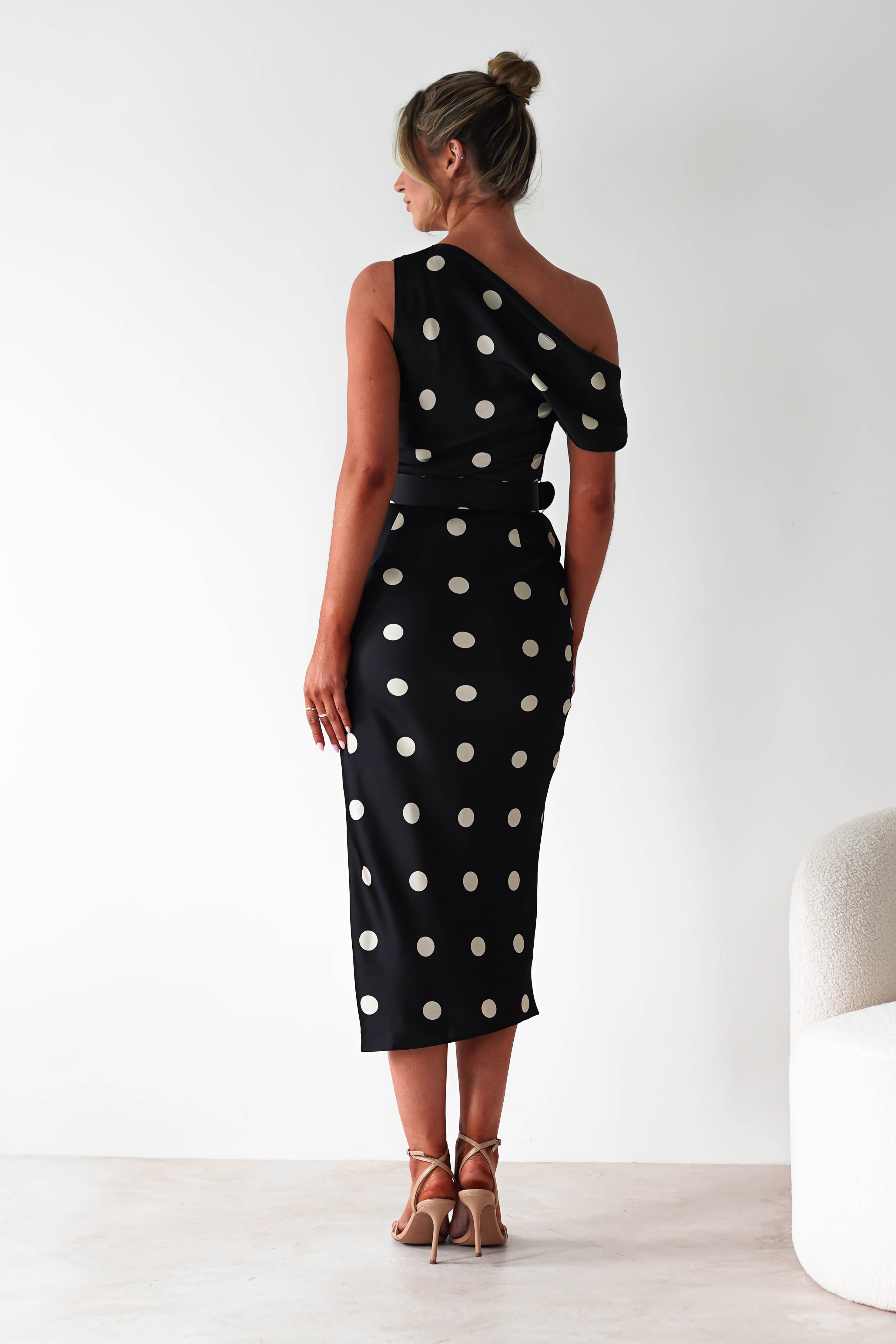Valora Polka Dot Satin Midi Dress | Black | Oh Hello Clothing | S (8)