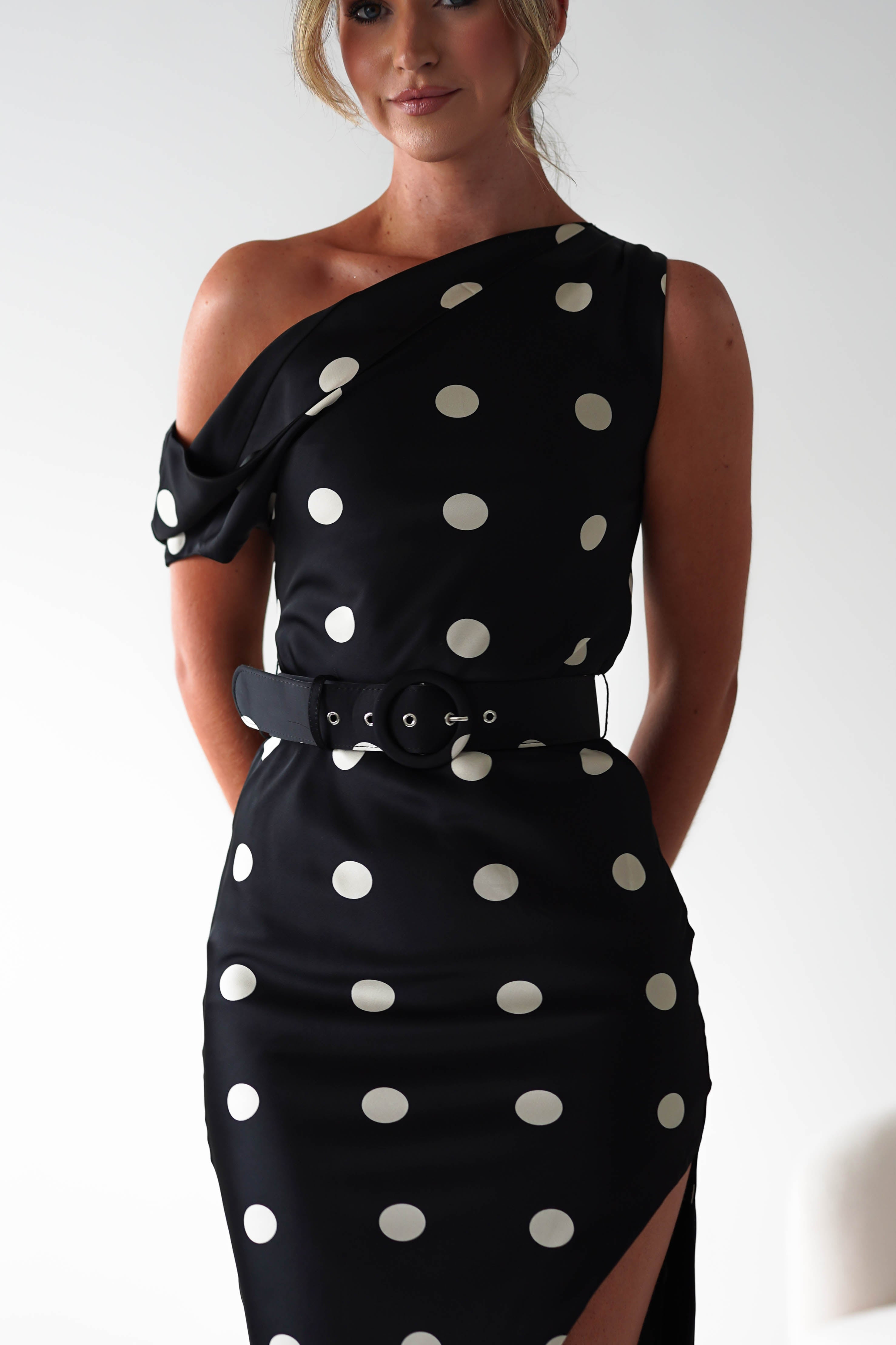 Valora Polka Dot Satin Midi Dress | Black | Oh Hello Clothing | S (8)