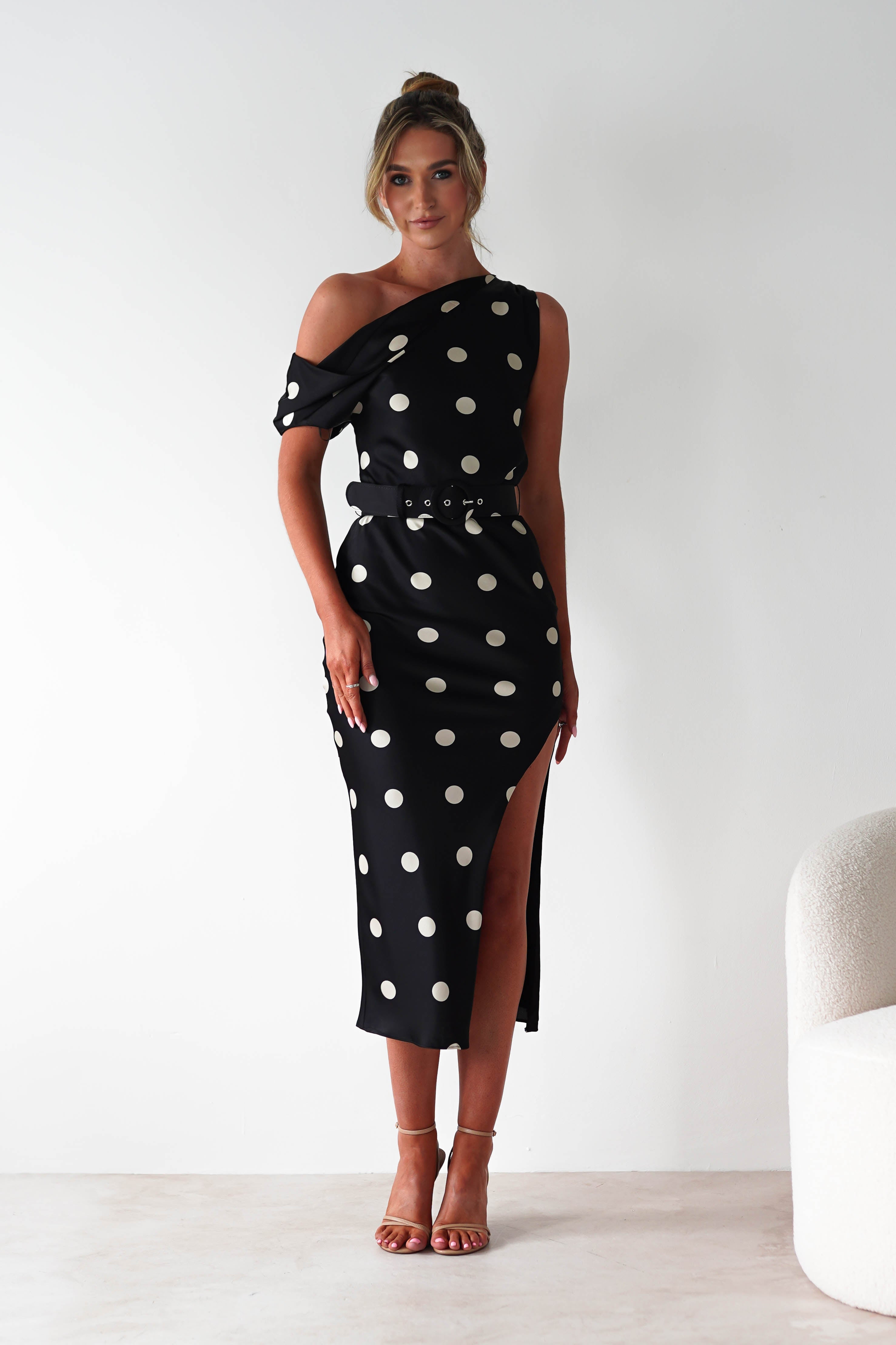 Valora Polka Dot Satin Midi Dress | Black | Oh Hello Clothing | S (8)