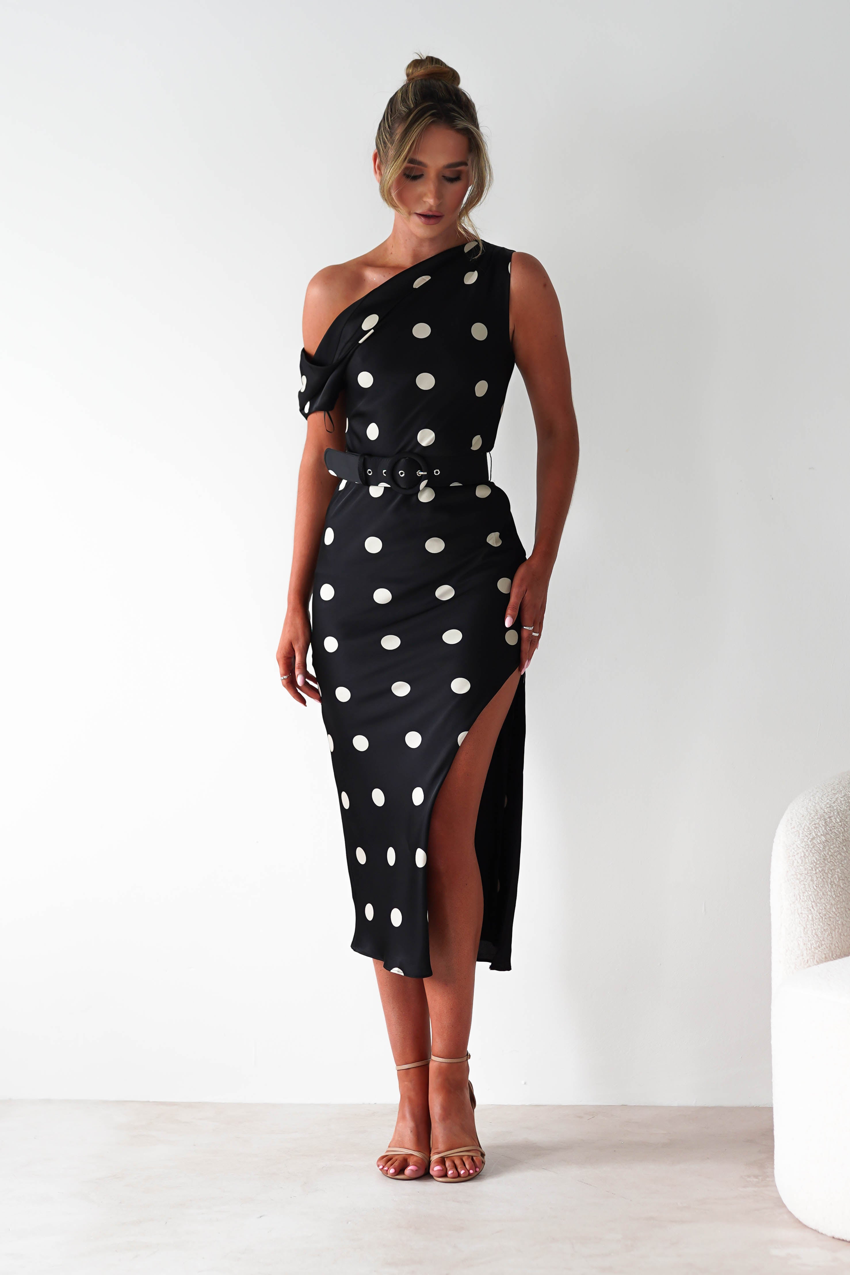Valora Polka Dot Satin Midi Dress | Black | Oh Hello Clothing | S (8)