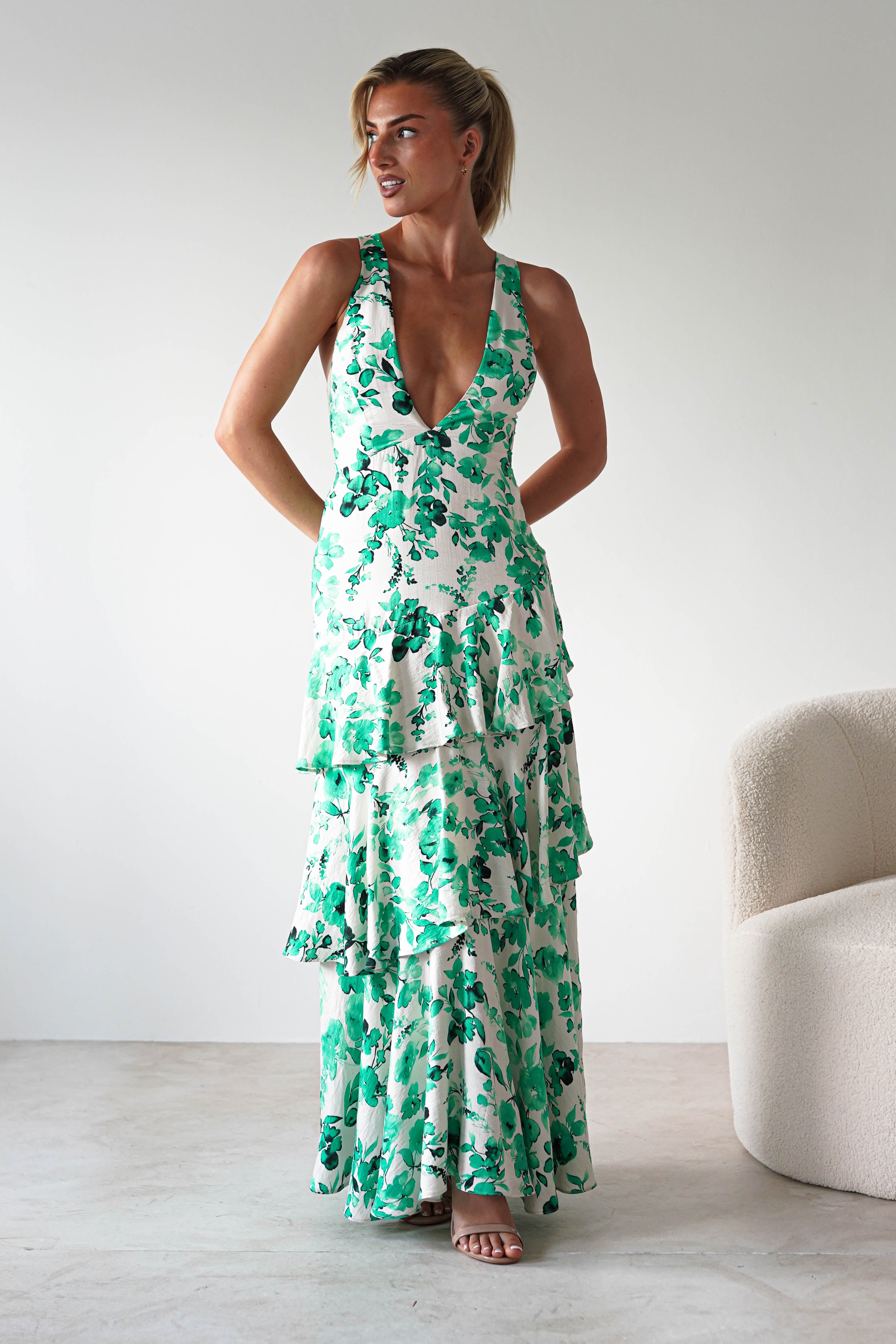 Varana Floral Ruffle Maxi Dress | Green | Oh Hello Clothing | XS (6)