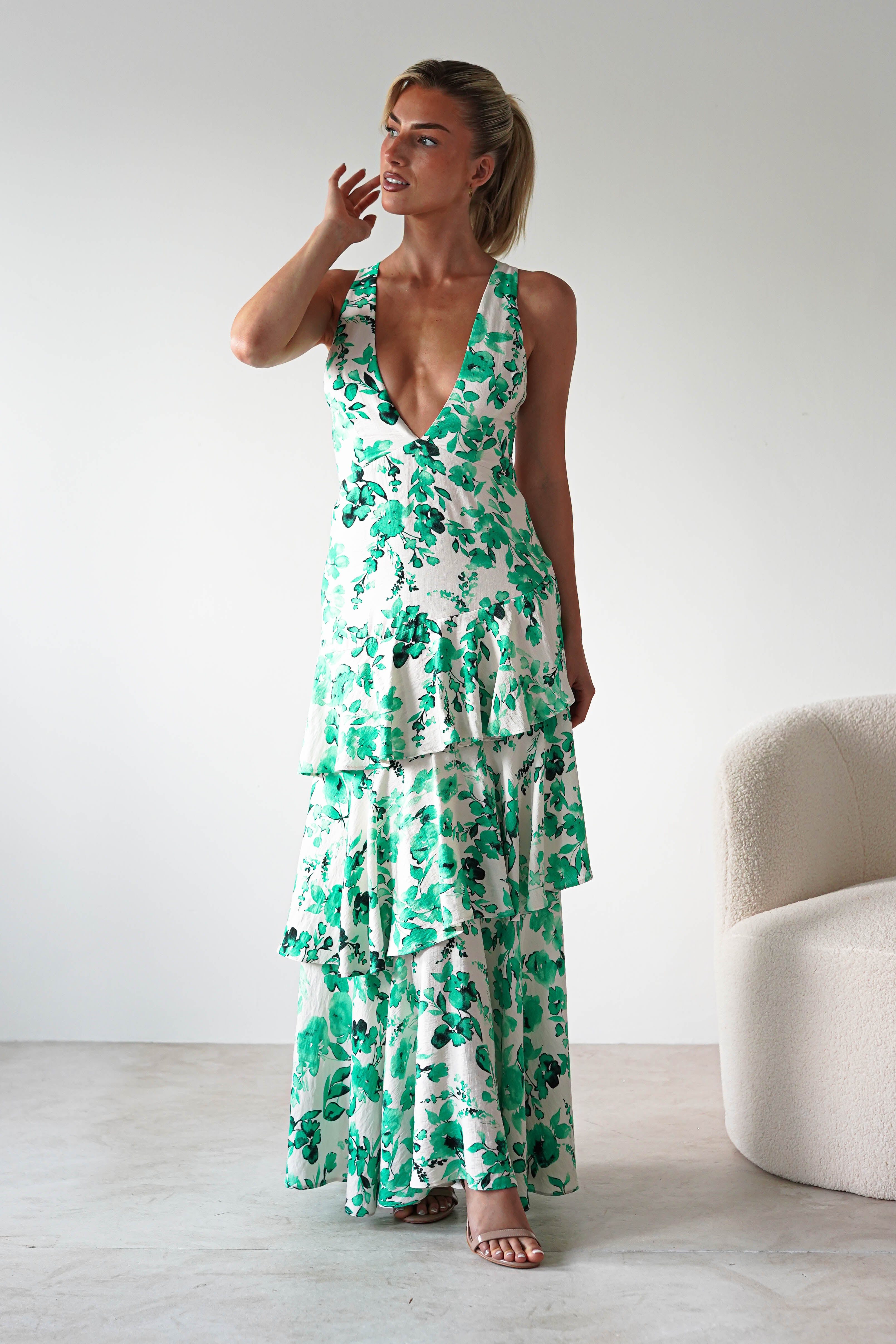 Varana Floral Ruffle Maxi Dress | Green | Oh Hello Clothing | XS (6)