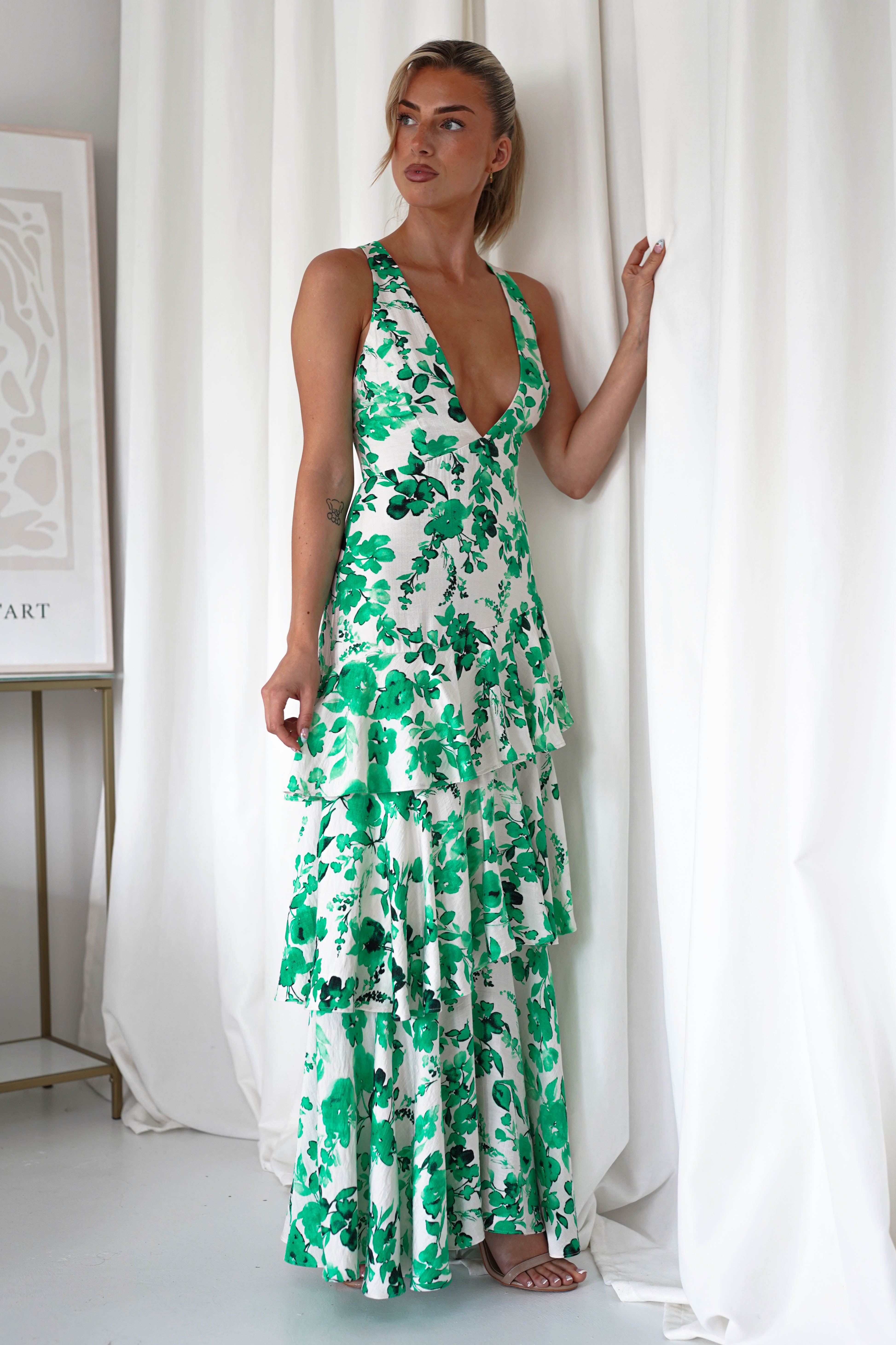 Varana Floral Ruffle Maxi Dress | Green | Oh Hello Clothing | XS (6)