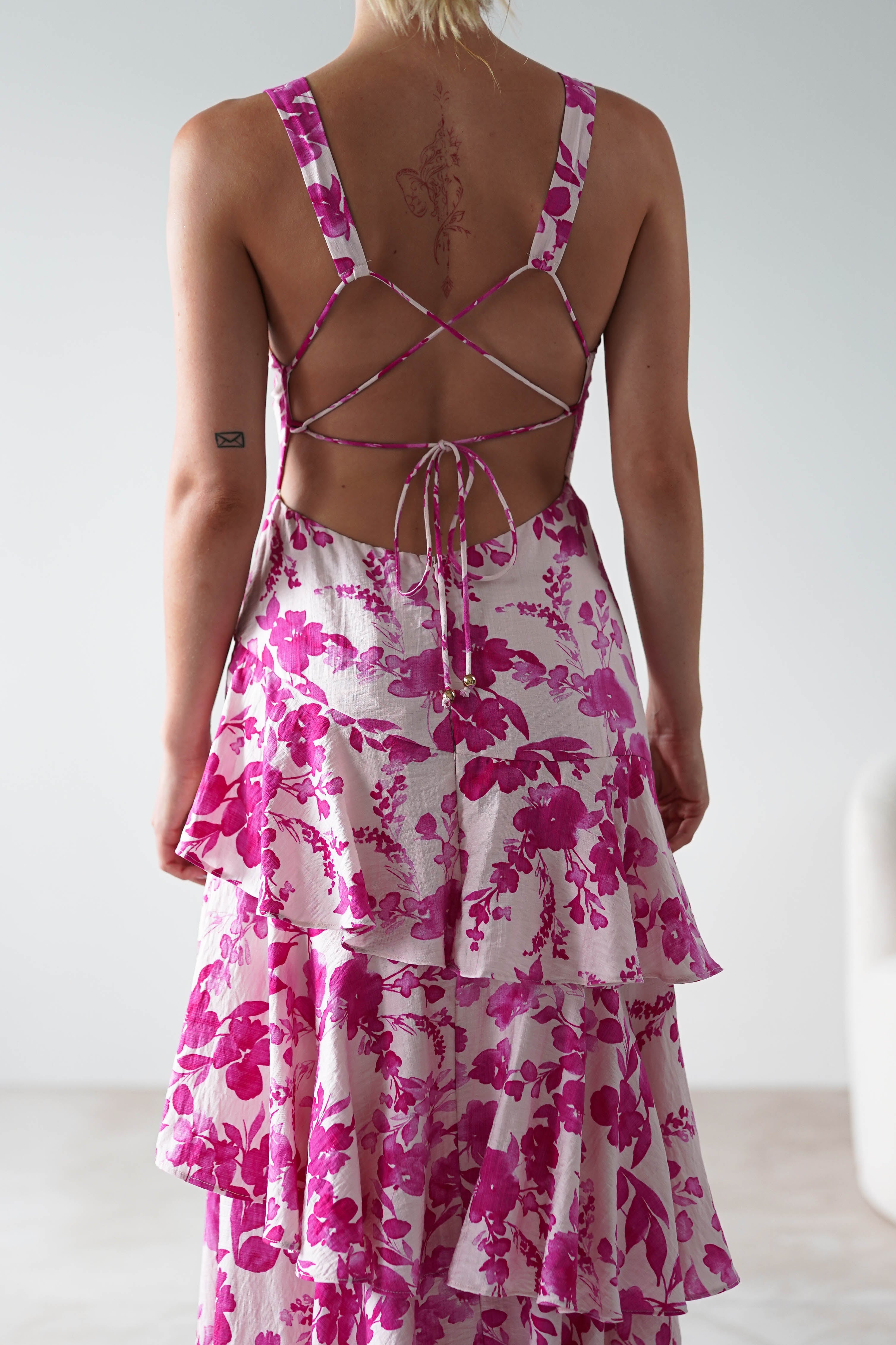 Varana Floral Ruffle Maxi Dress | Pink | Oh Hello Clothing | XS (6)