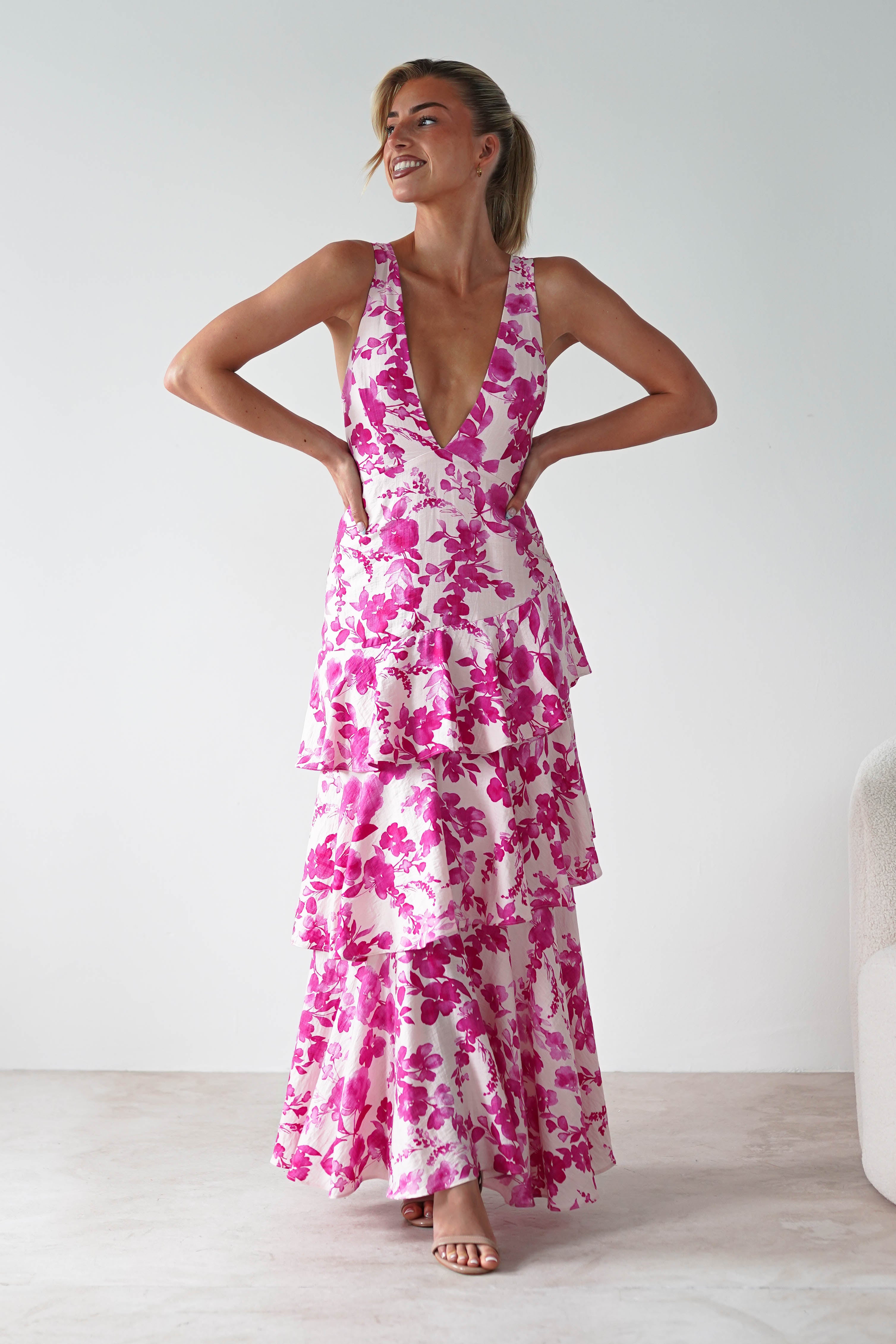 Varana Floral Ruffle Maxi Dress | Pink | Oh Hello Clothing | XS (6)