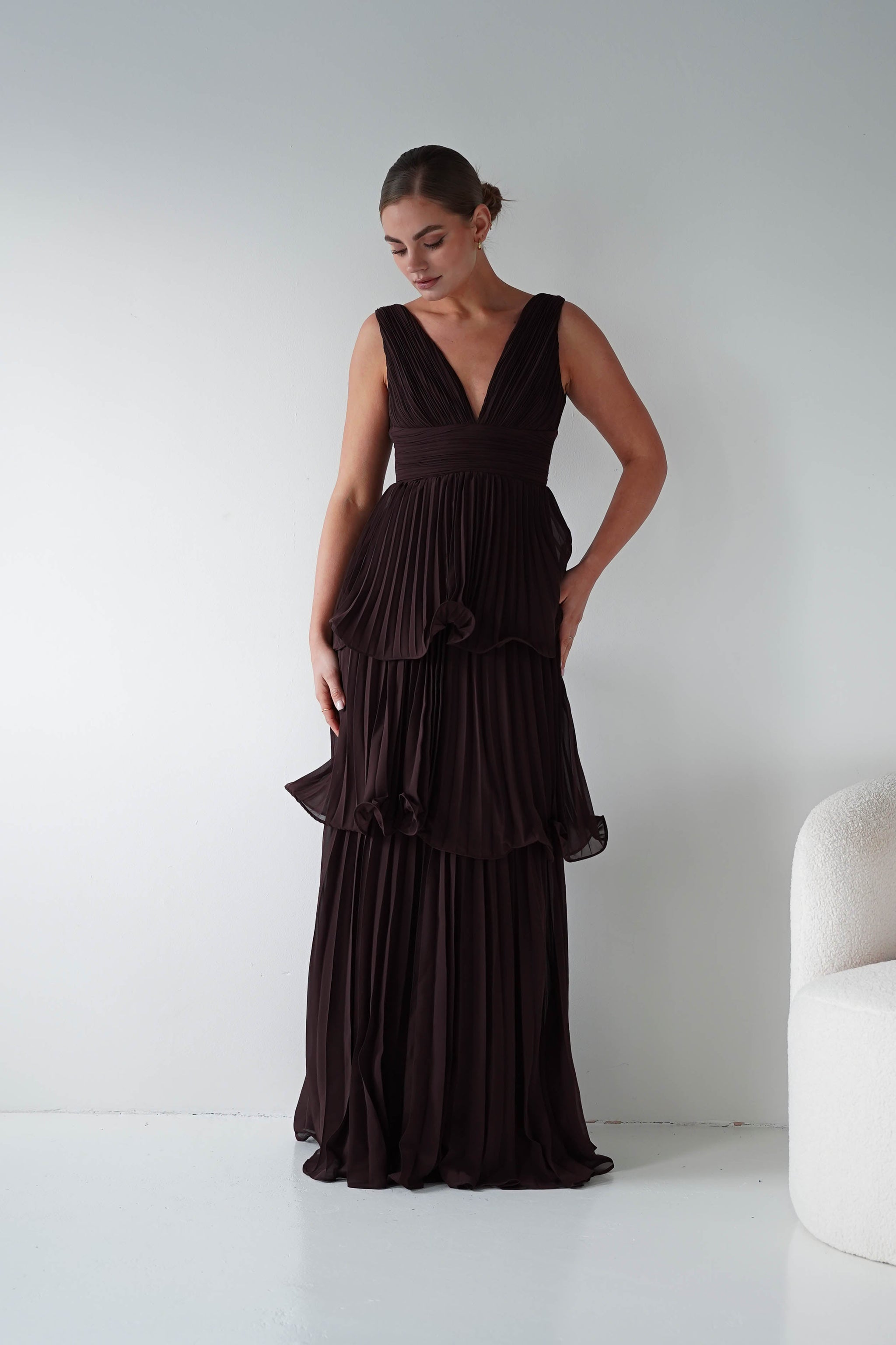 layered pleated dress Vina Tiered Maxi Make a statement at Size:L - (12-14) OFF SHOULDER FLARE DRESS color-blue-denim