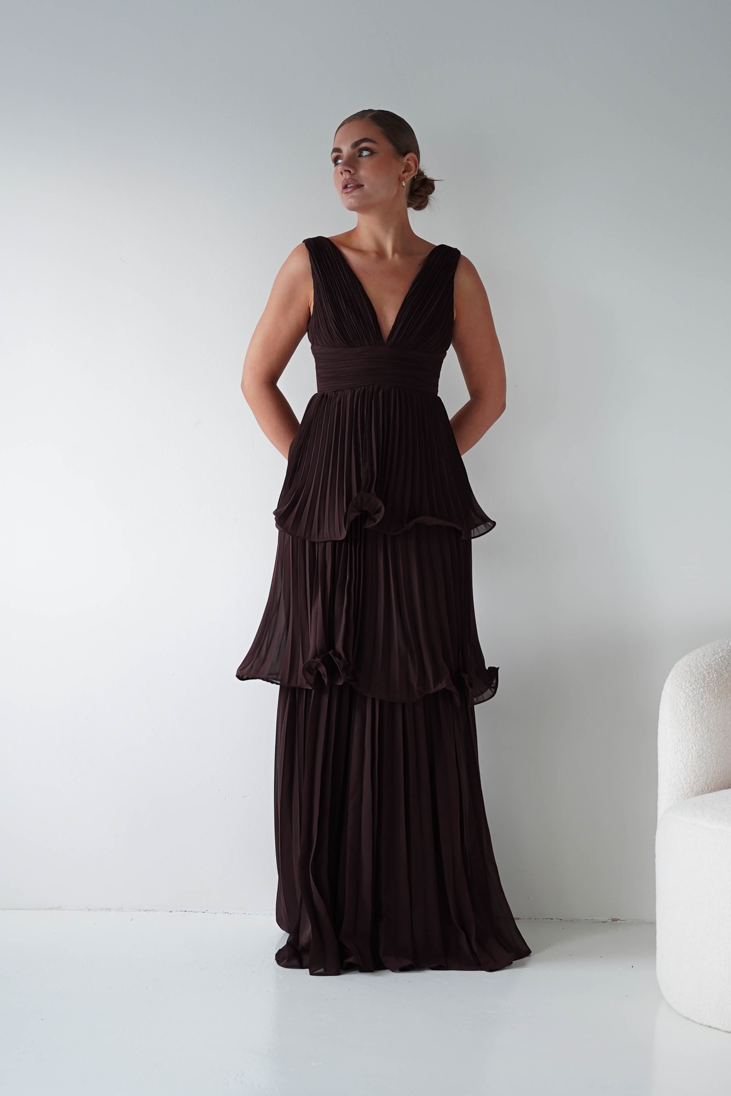 Oh Hello Clothing Women > Clothing > Dresses Vina Tiered Pleated Layered Maxi Dress | Chocolate