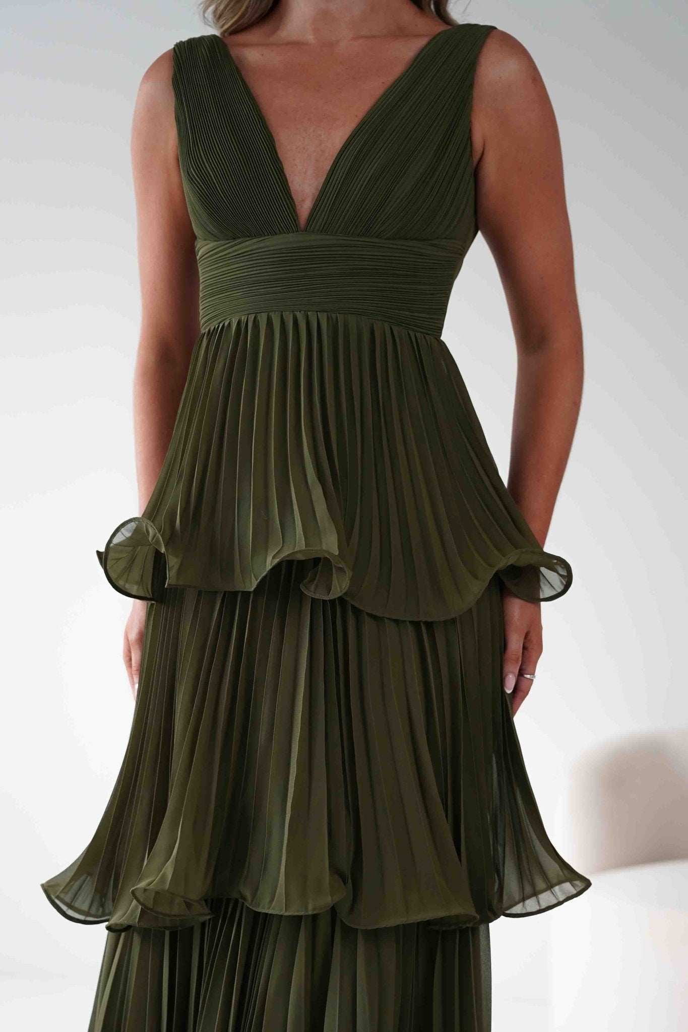 Vina Tiered Pleated Layered Maxi Dress | Dark Olive | Oh Hello Clothing | S (8)