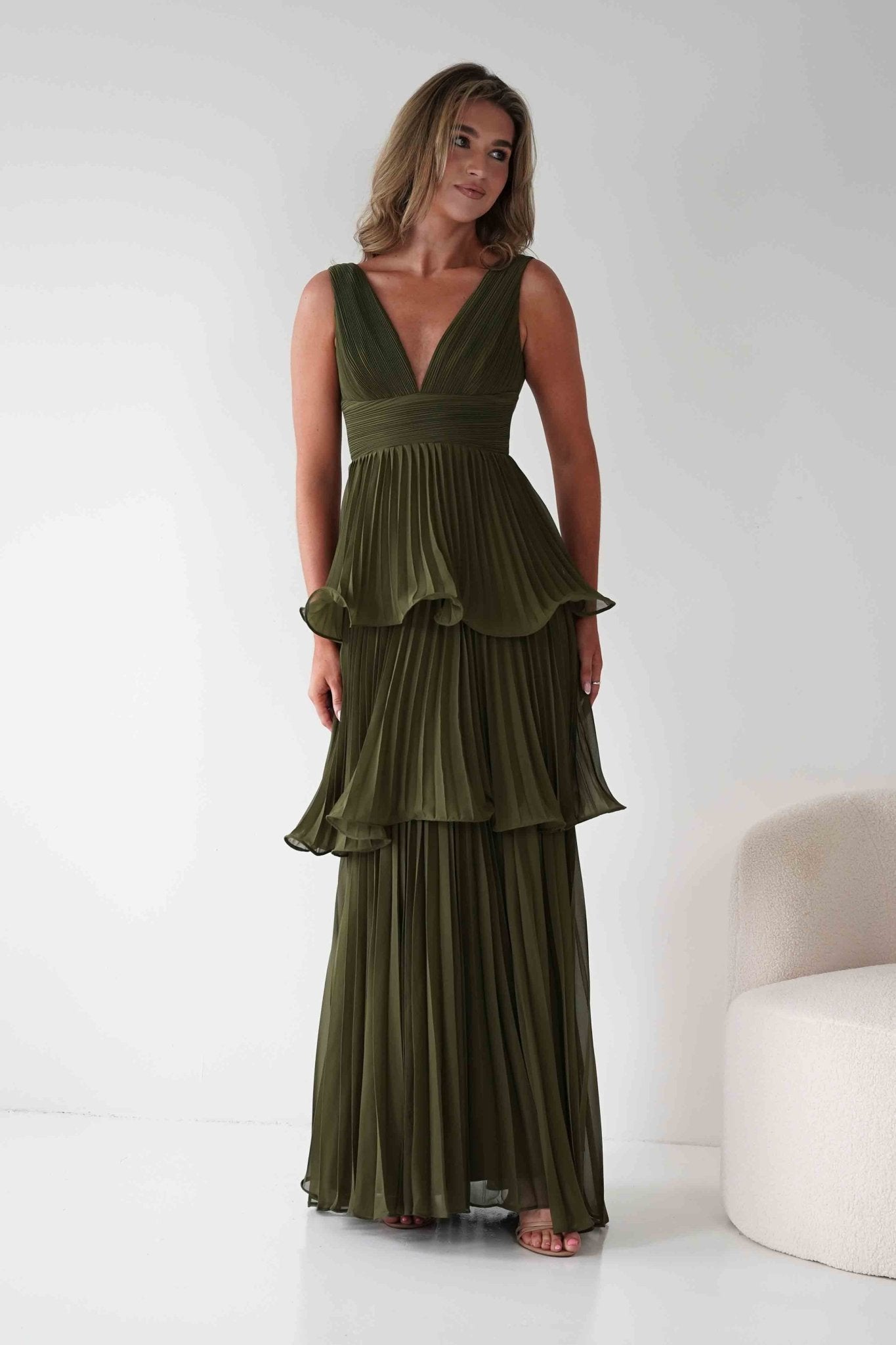 Vina Tiered Pleated Layered Maxi Dress | Dark Olive | Oh Hello Clothing | S (8)
