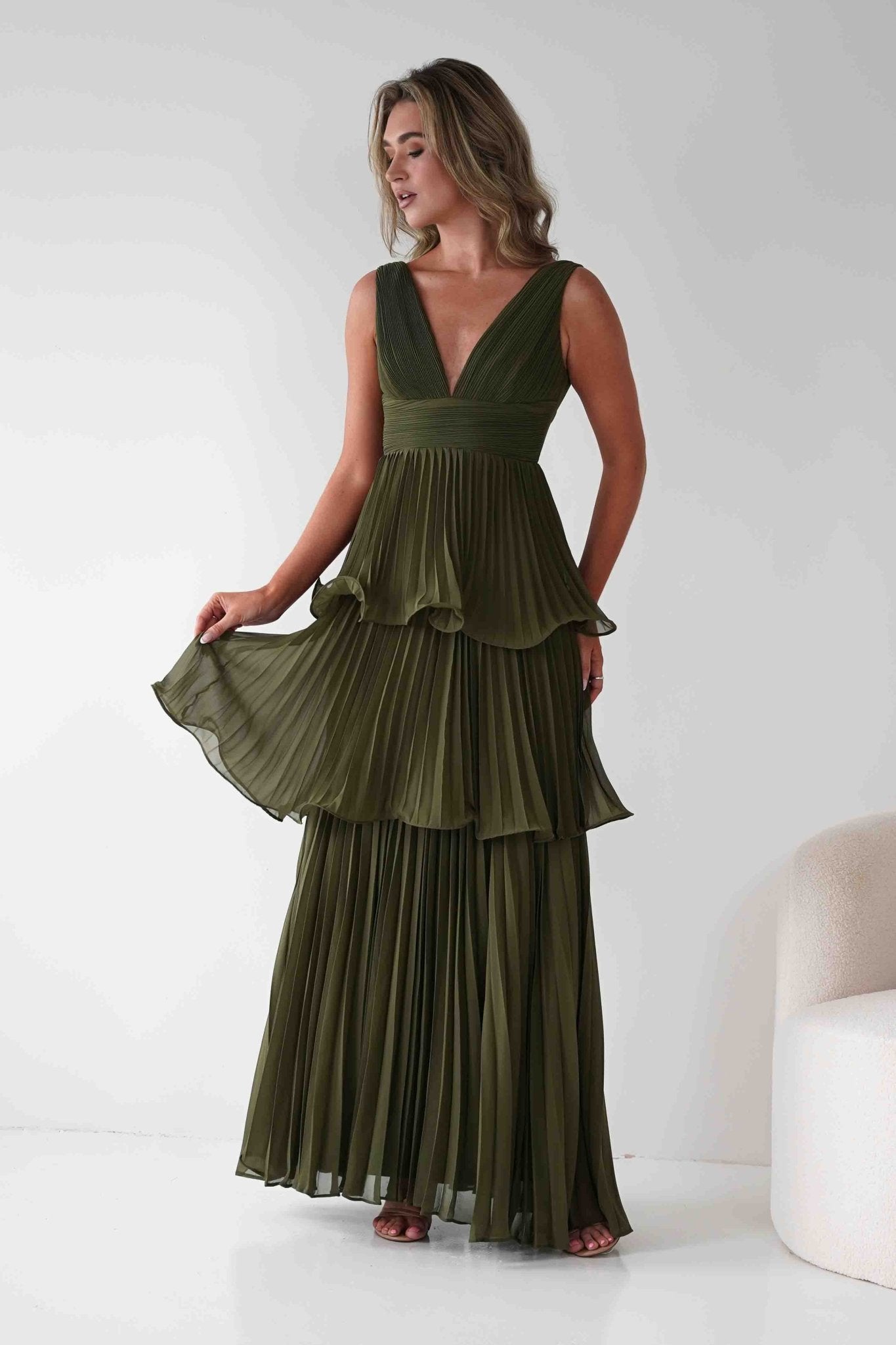 Vina Tiered Pleated Layered Maxi Dress | Dark Olive | Oh Hello Clothing | S (8)
