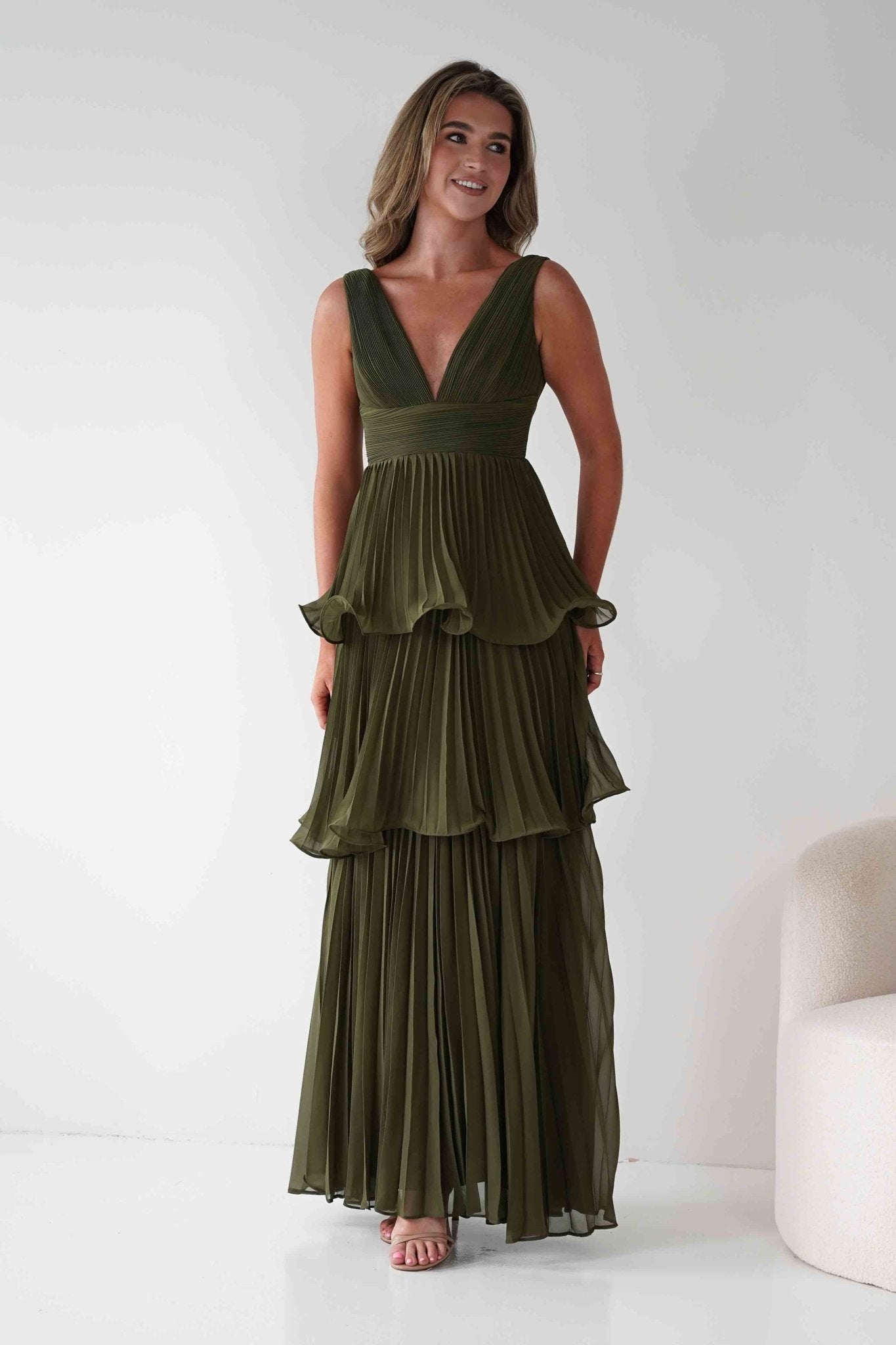 Vina Tiered Pleated Layered Maxi Dress | Dark Olive | Oh Hello Clothing | S (8)