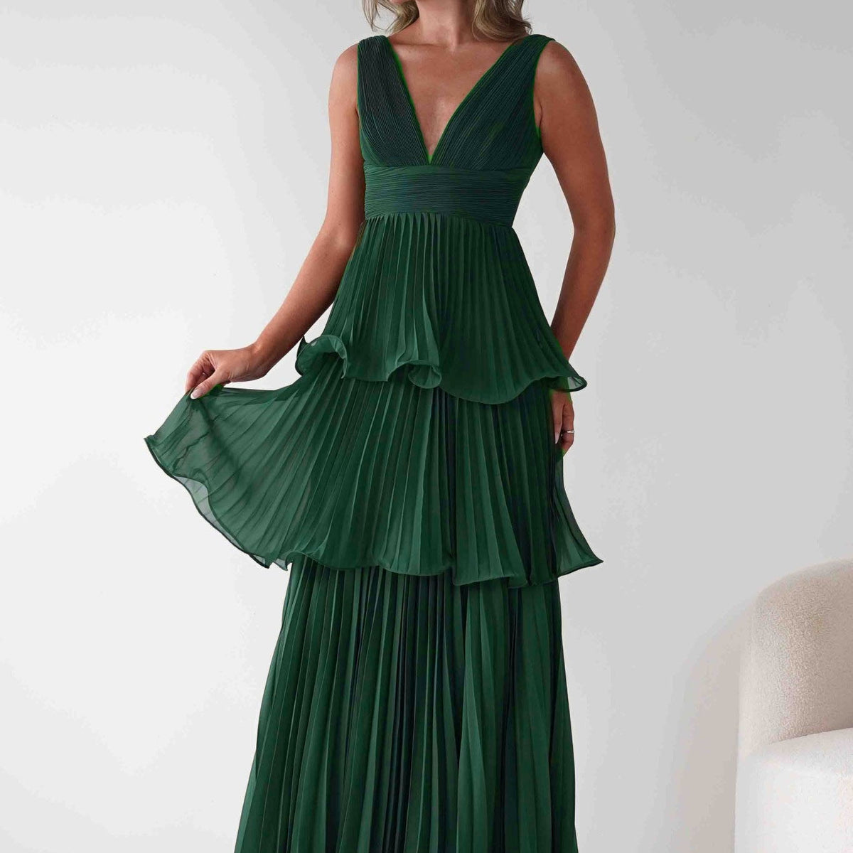 Vina Tiered Pleated Layered Maxi Dress Green | Wedding Guest Dress