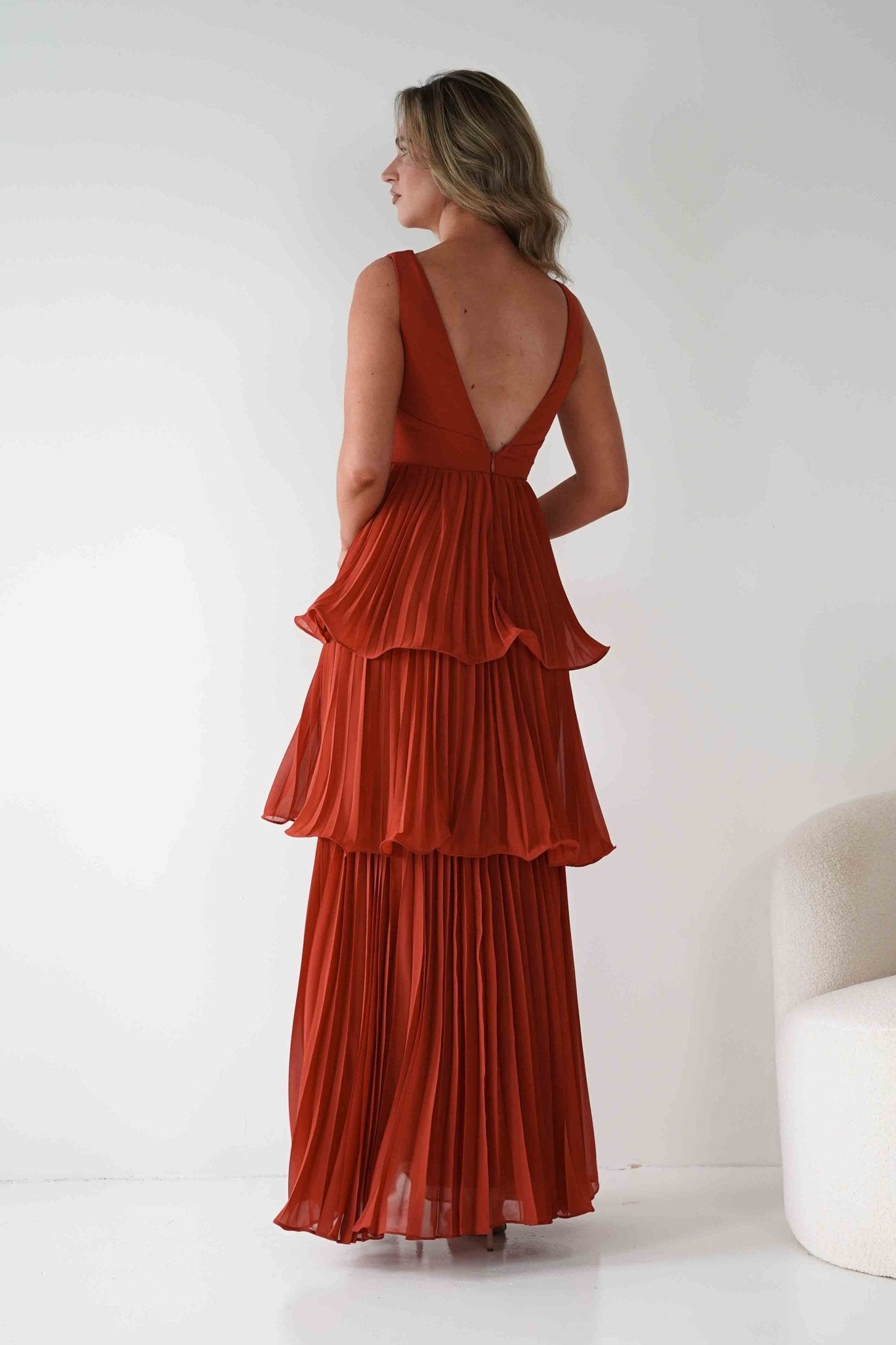Vina Tiered Pleated Layered Maxi Dress | Rust | Oh Hello Clothing | S (8)