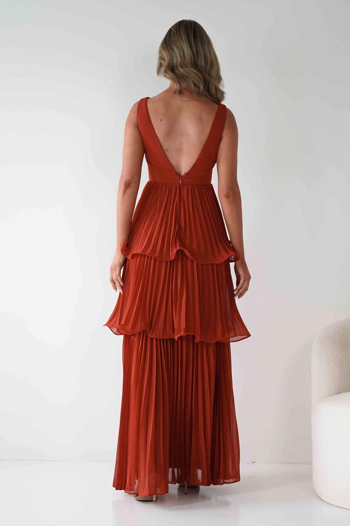 Vina Tiered Pleated Layered Maxi Dress | Rust | Oh Hello Clothing | S (8)