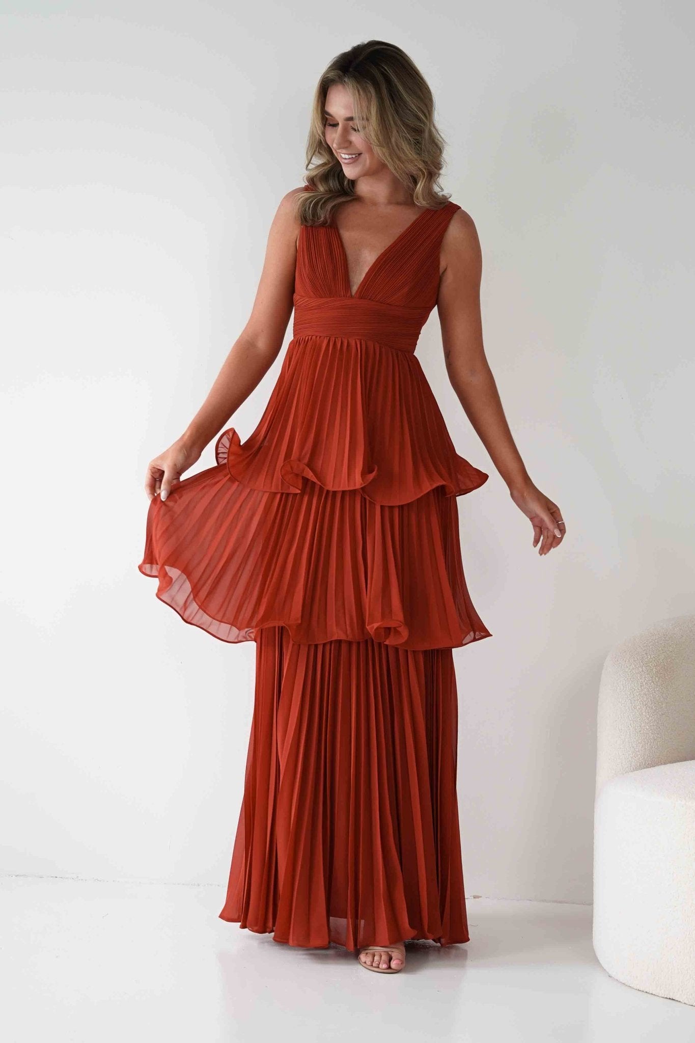 Vina Tiered Pleated Layered Maxi Dress | Rust | Oh Hello Clothing | S (8)