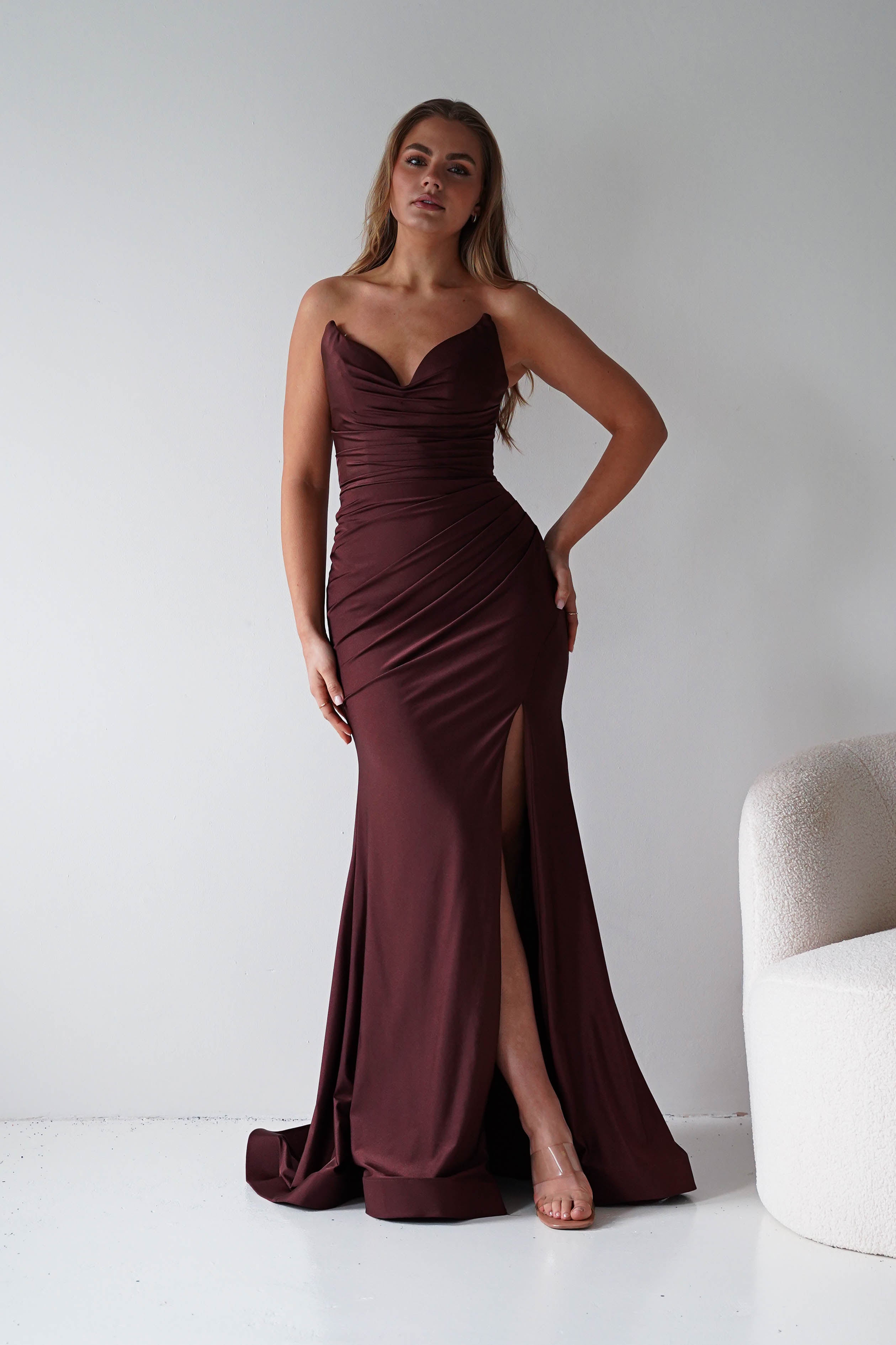 Oh Hello Clothing Dresses > Prom Dresses Visenta Ruched Bodice Strapless Gown | Espresso