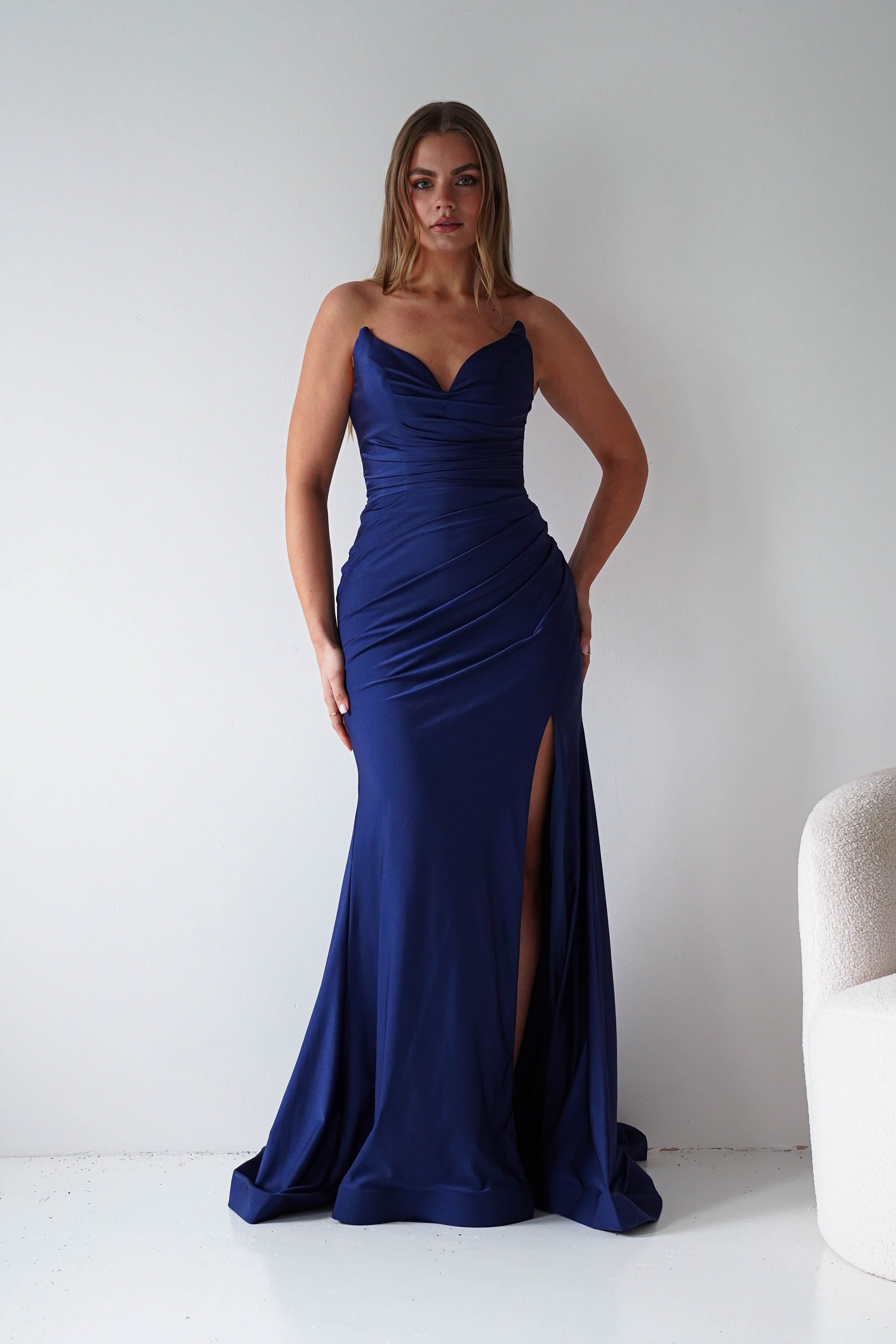 Oh Hello Clothing Dresses > Prom Dresses Visenta Ruched Bodice Strapless Gown | Navy