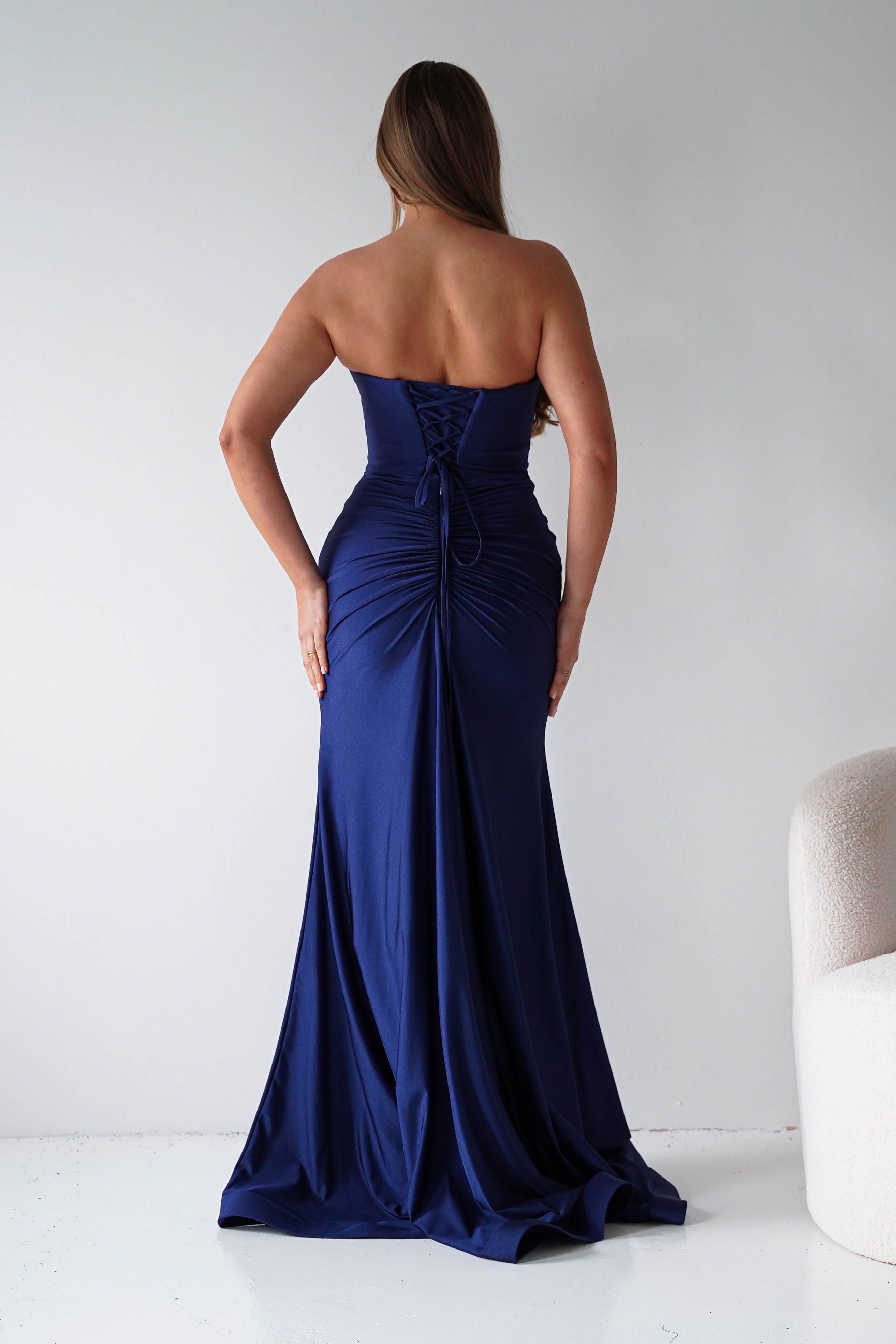 Oh Hello Clothing Dresses > Prom Dresses Visenta Ruched Bodice Strapless Gown | Navy