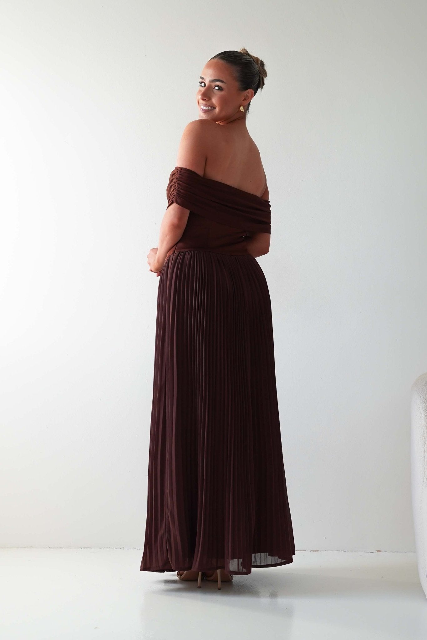 Oh Hello Clothing Dresses Whitney Pleated Off The Shoulder Maxi Dress | Brown