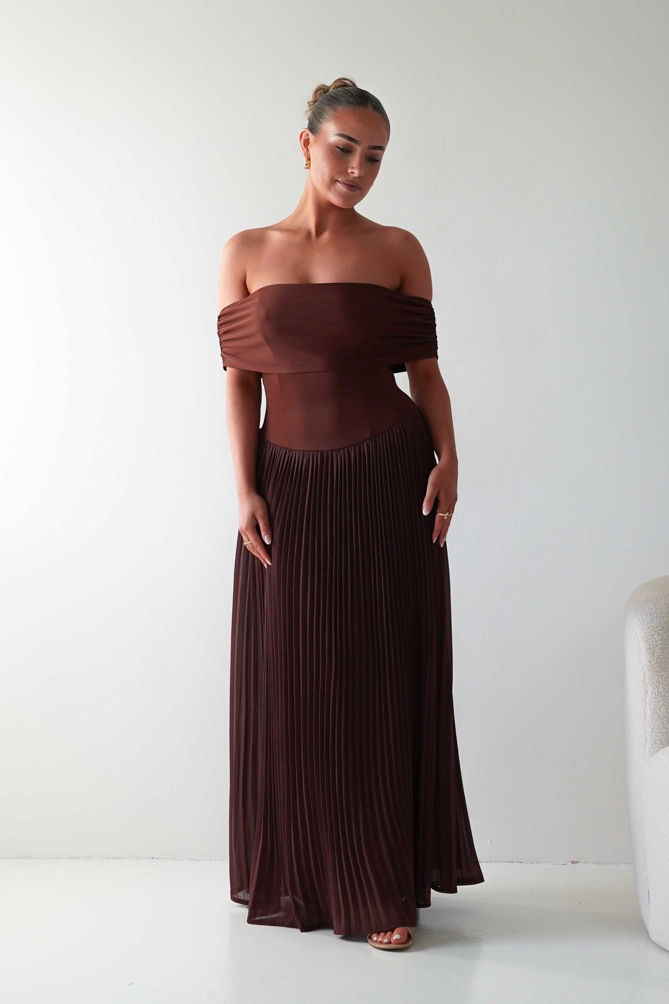 Oh Hello Clothing Dresses Whitney Pleated Off The Shoulder Maxi Dress | Brown