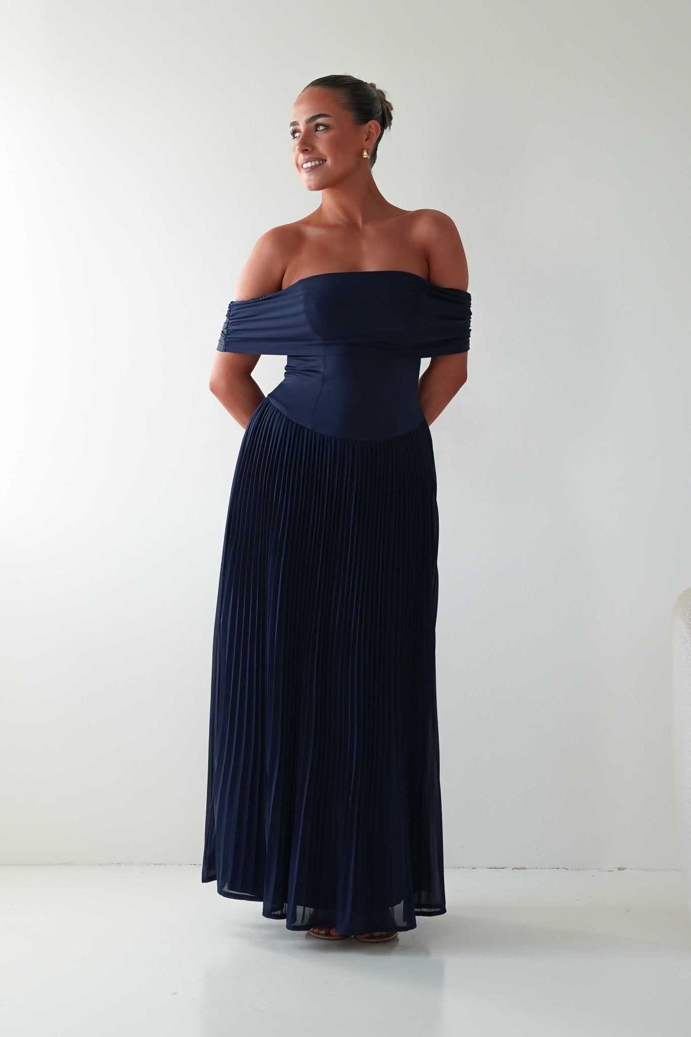Oh Hello Clothing Dresses Whitney Pleated Off The Shoulder Maxi Dress | Navy