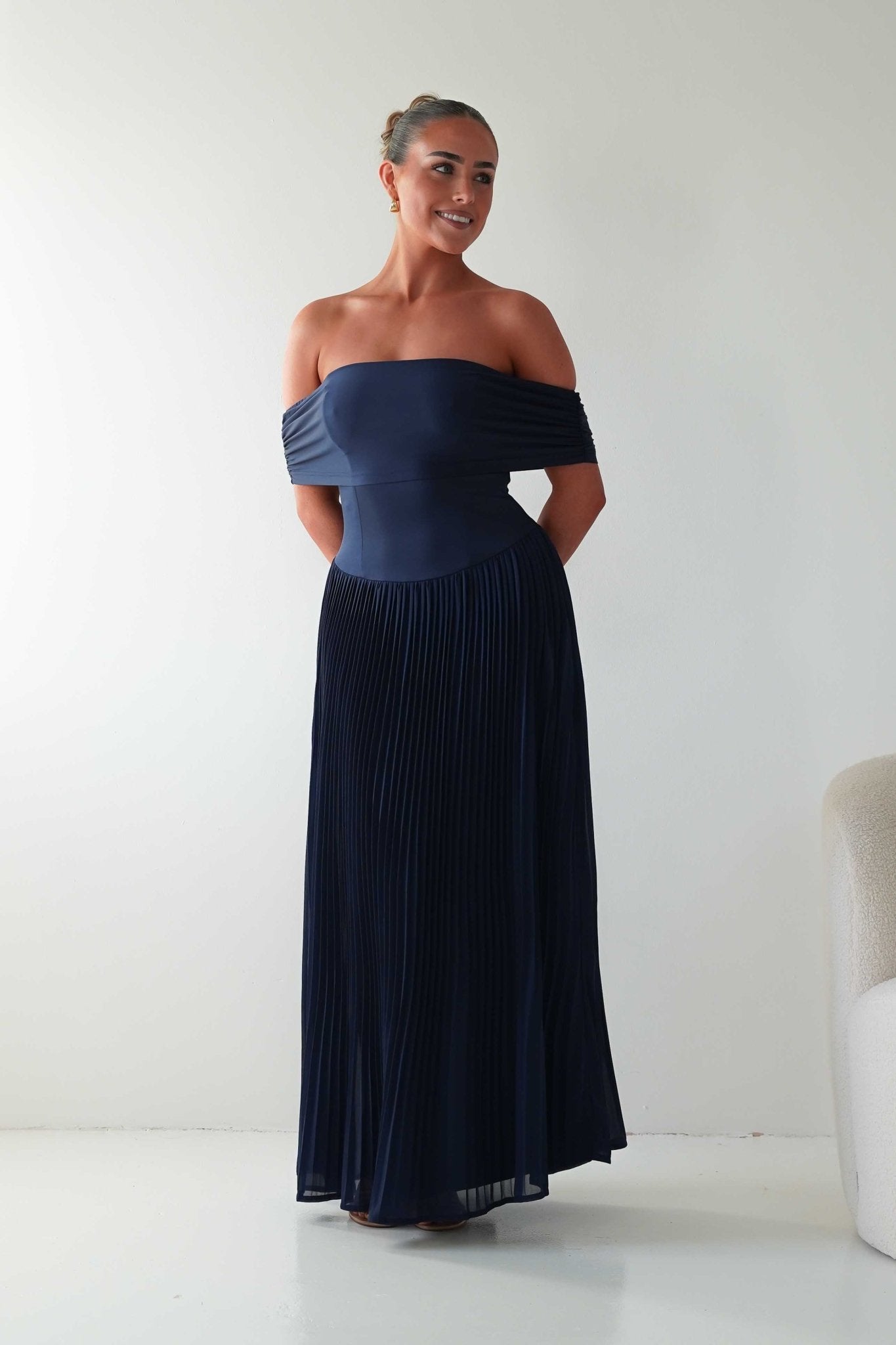 Oh Hello Clothing Dresses Whitney Pleated Off The Shoulder Maxi Dress | Navy