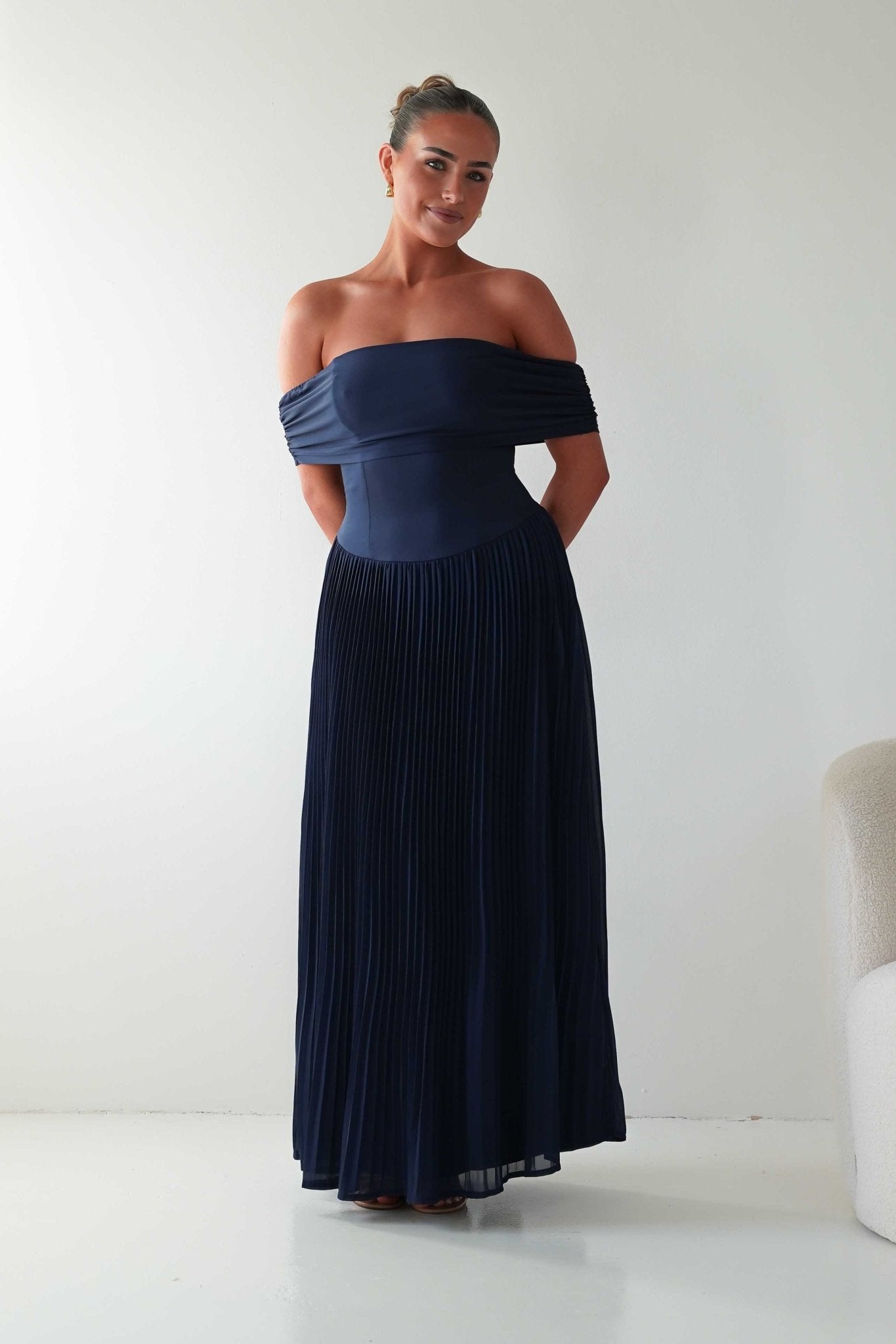 Oh Hello Clothing Dresses Whitney Pleated Off The Shoulder Maxi Dress | Navy