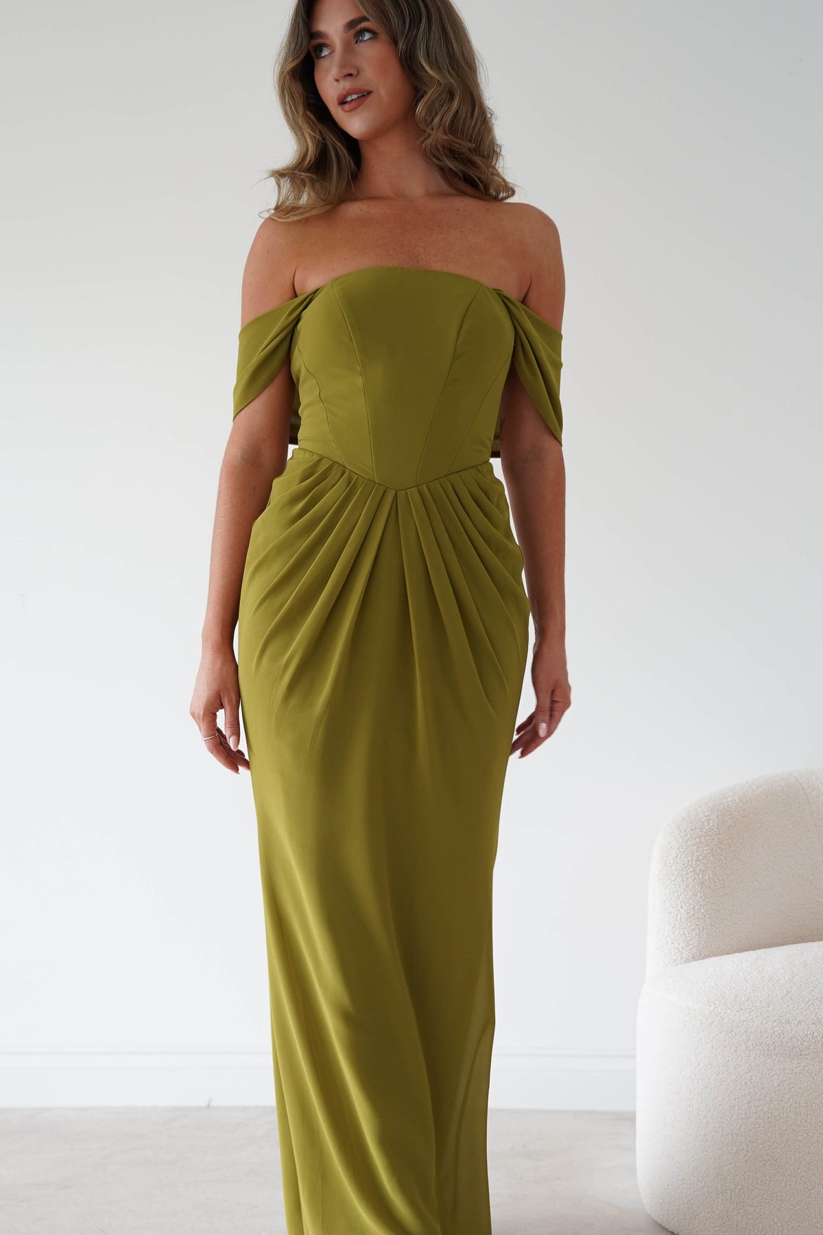 Oh Hello Clothing Women > Clothing > Dresses Willow Bardot Draped Maxi Dress | Chartreuse Green