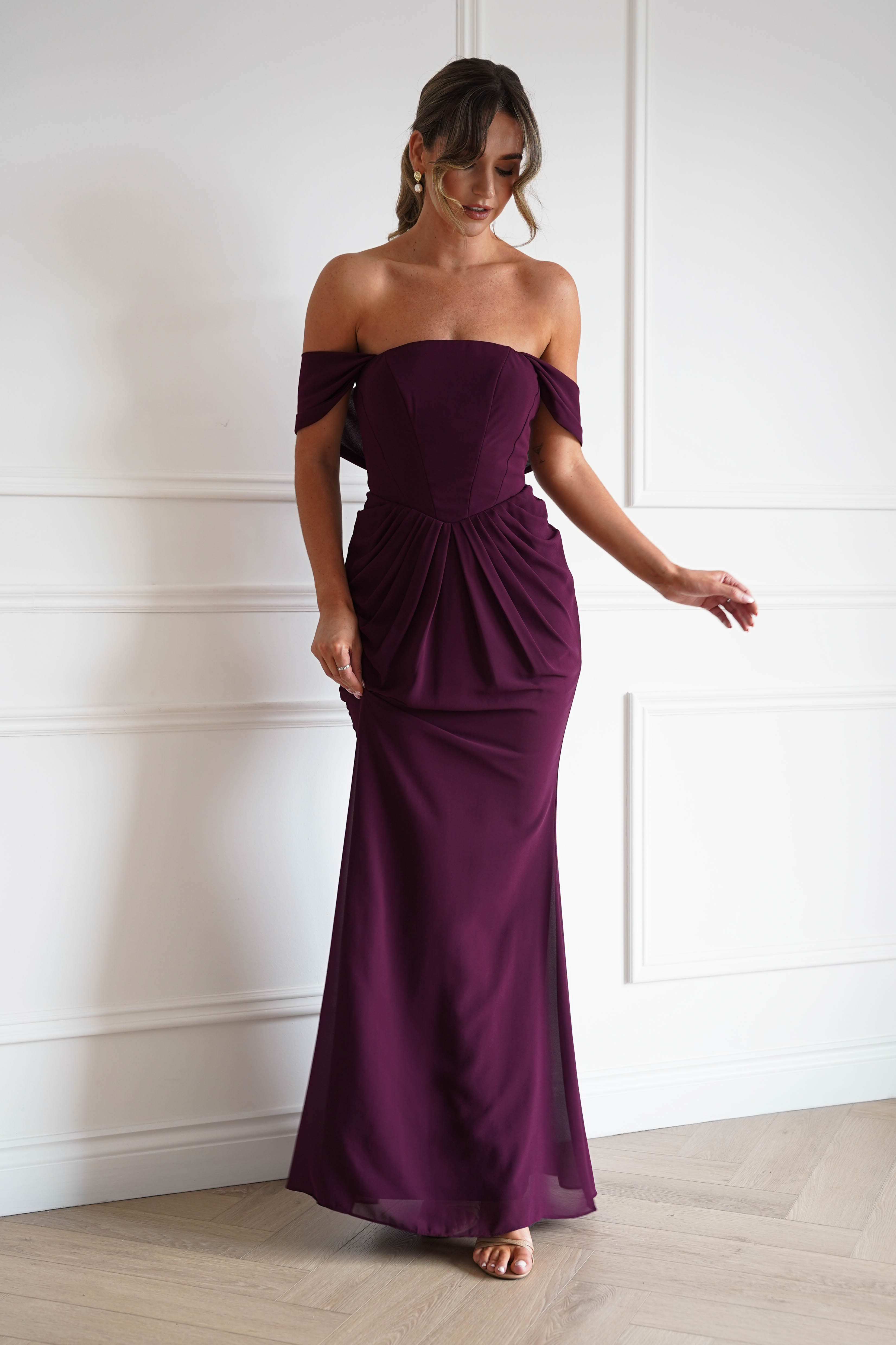 Oh Hello Clothing Women > Clothing > Dresses Willow Bardot Draped Maxi Dress | Wine