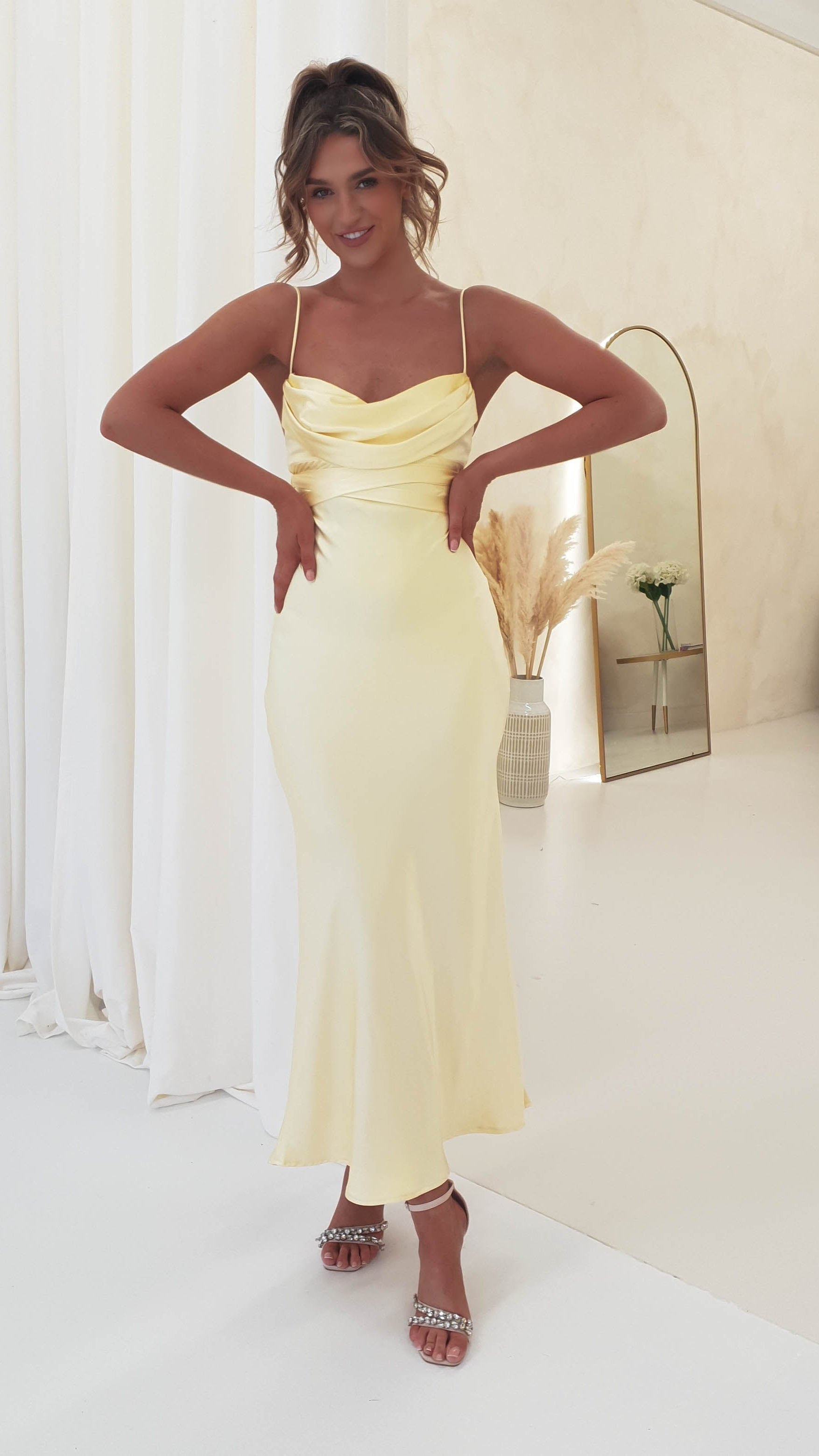 Everleigh Soft Satin Midi Dress | Butter Yellow | Oh Hello Clothing | XS (6)