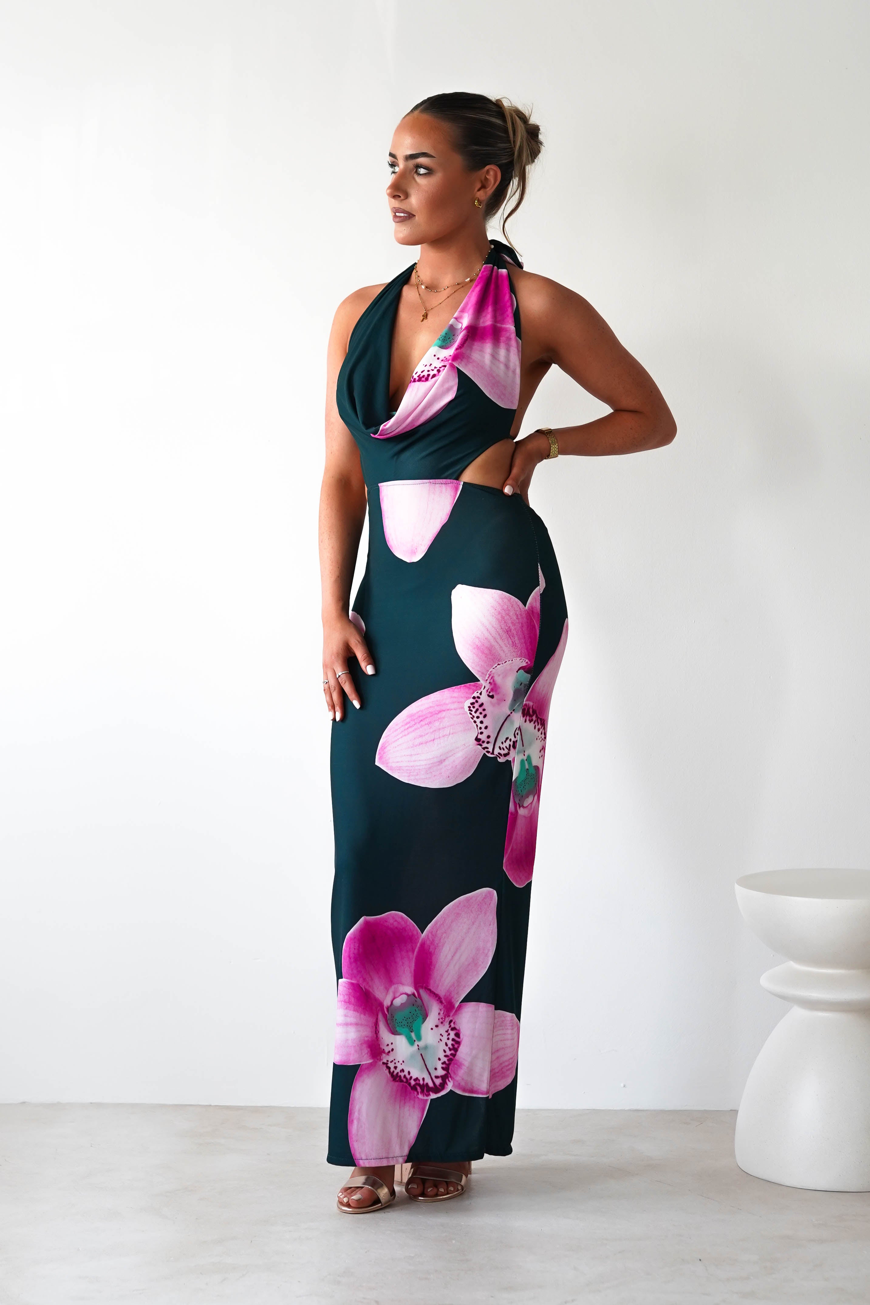 Zinnia Cut Out Bodycon Maxi | Green/Floral | Oh Hello Clothing | S/M (6 - 8)