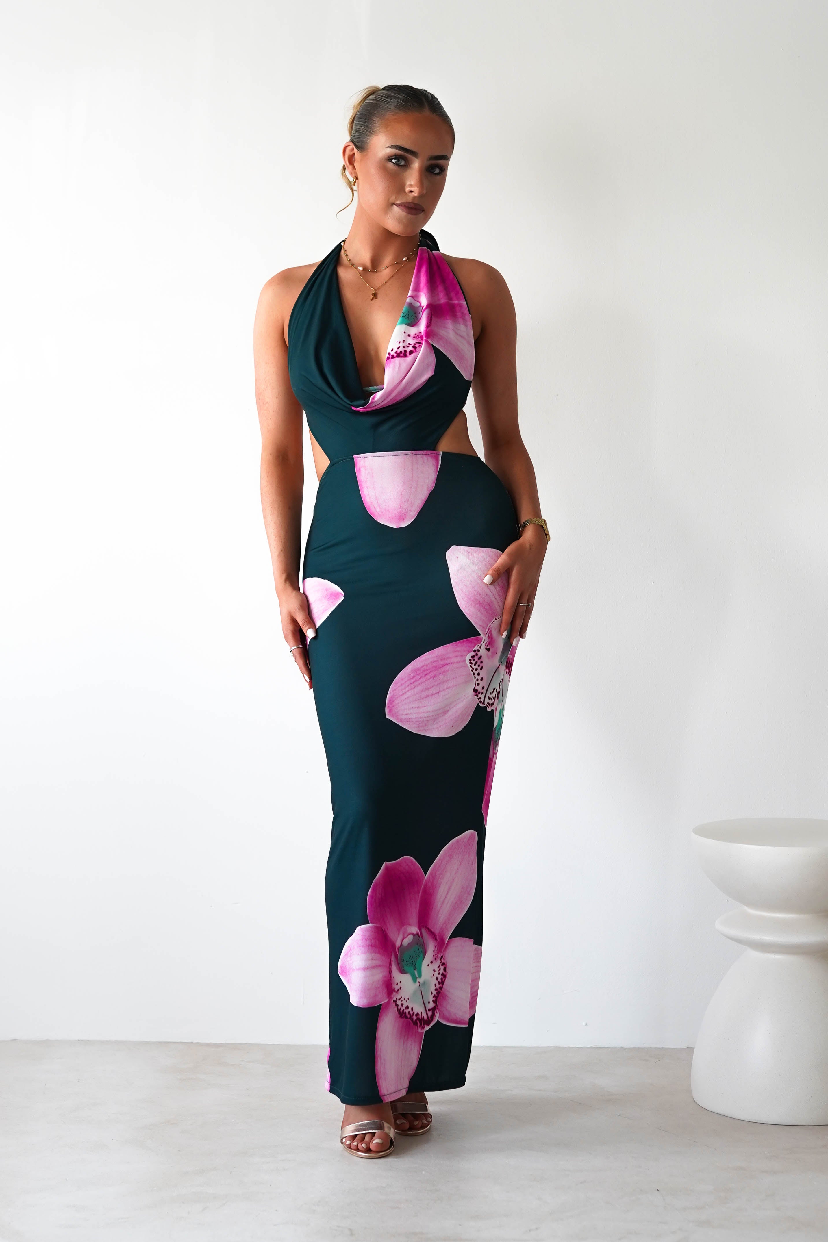 Zinnia Cut Out Bodycon Maxi | Green/Floral | Oh Hello Clothing | S/M (6 - 8)