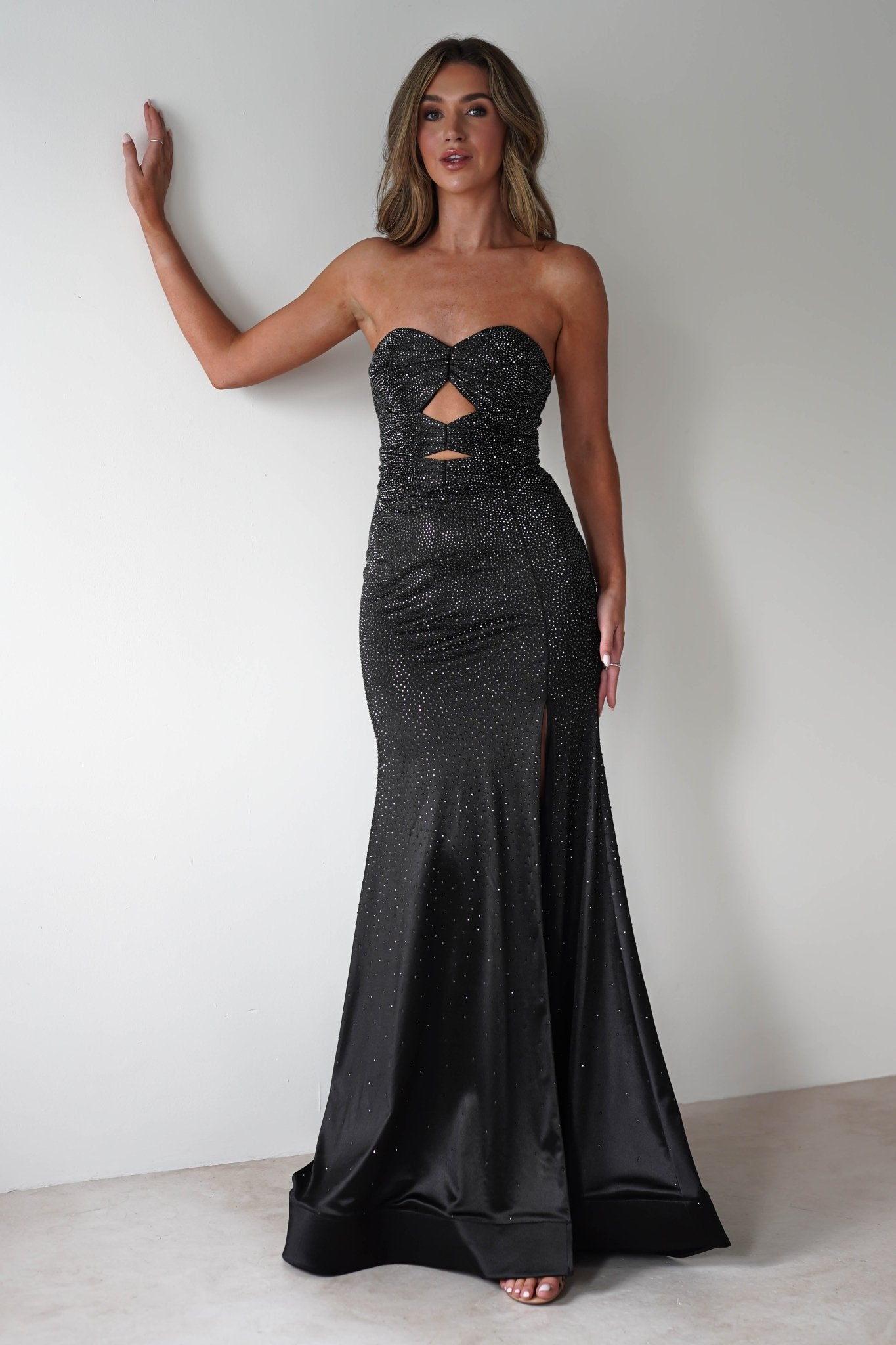 Zohra Cut Out Strapless Rhinestone Gown | Black | Oh Hello Clothing | S (8)