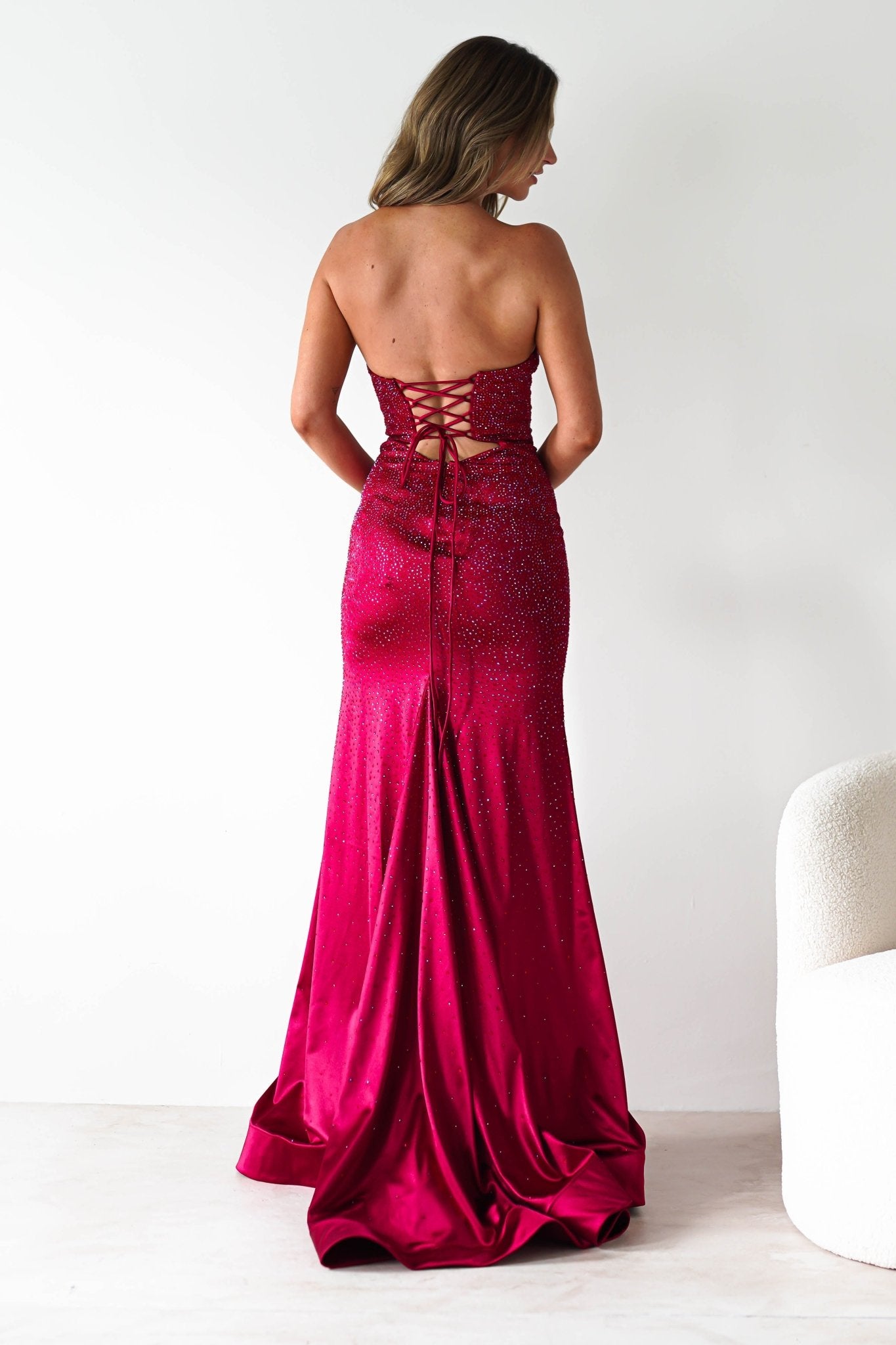 Zohra Cut Out Strapless Rhinestone Gown | Dark Red | Oh Hello Clothing | S (8)