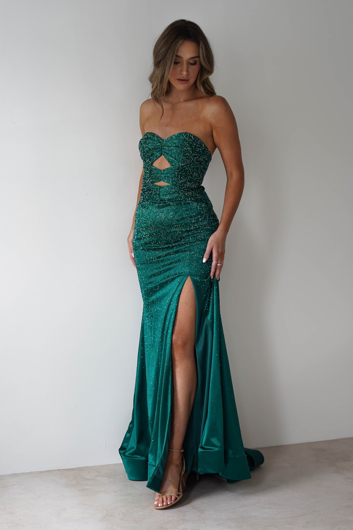 Zohra Cut Out Strapless Rhinestone Gown | Emerald | Oh Hello Clothing | S (8)