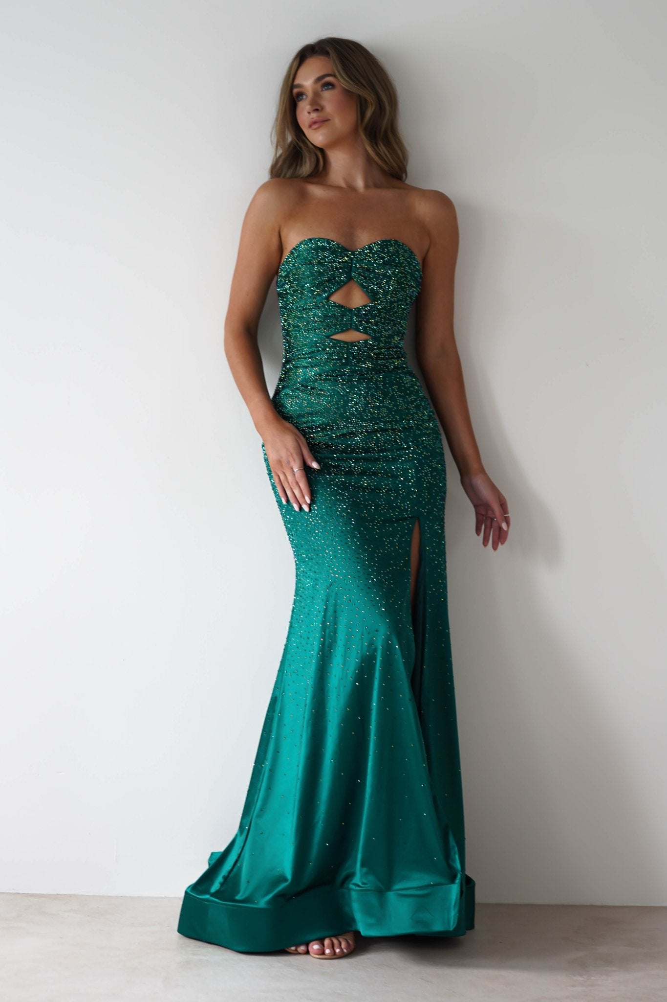 Zohra Cut Out Strapless Rhinestone Gown | Emerald | Oh Hello Clothing | S (8)